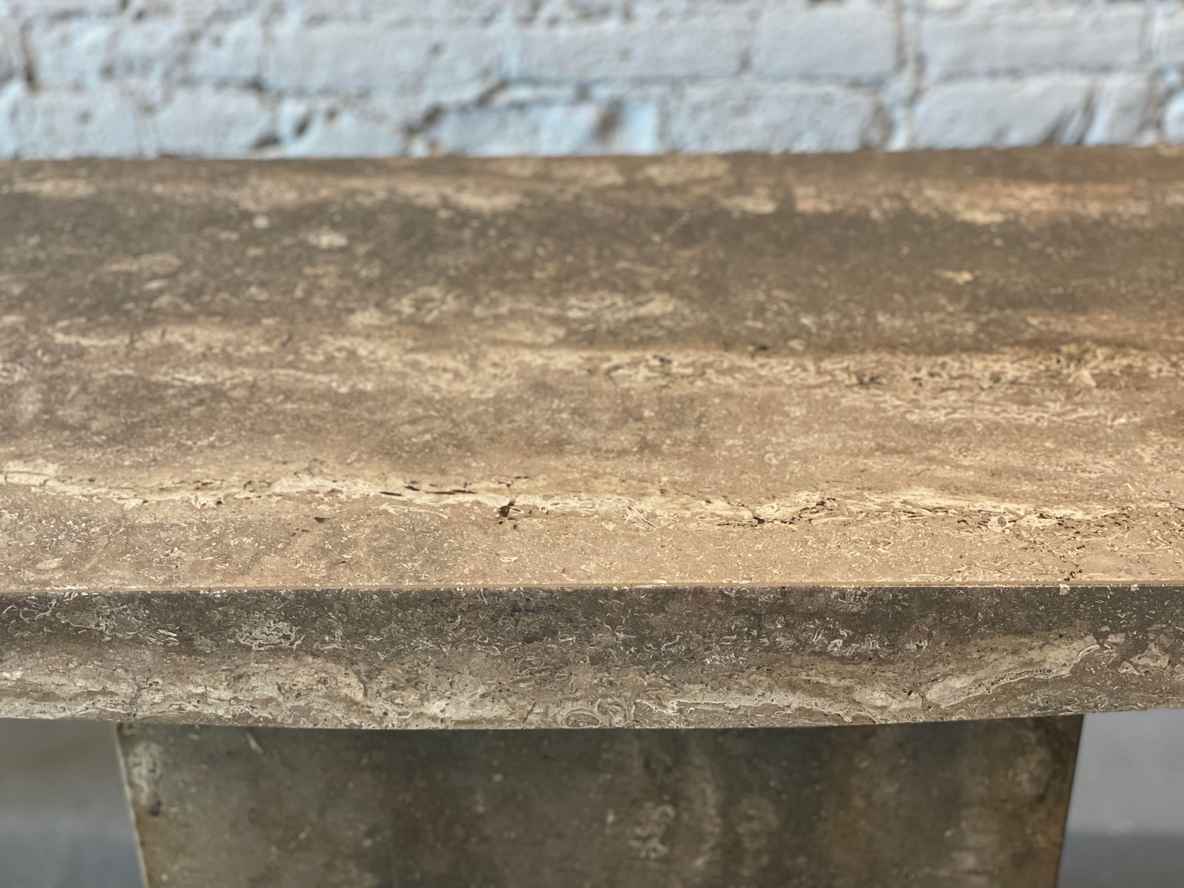 1980s Italian Walnut Travertine Postmodern Console Table With Bowed Edge- Honed