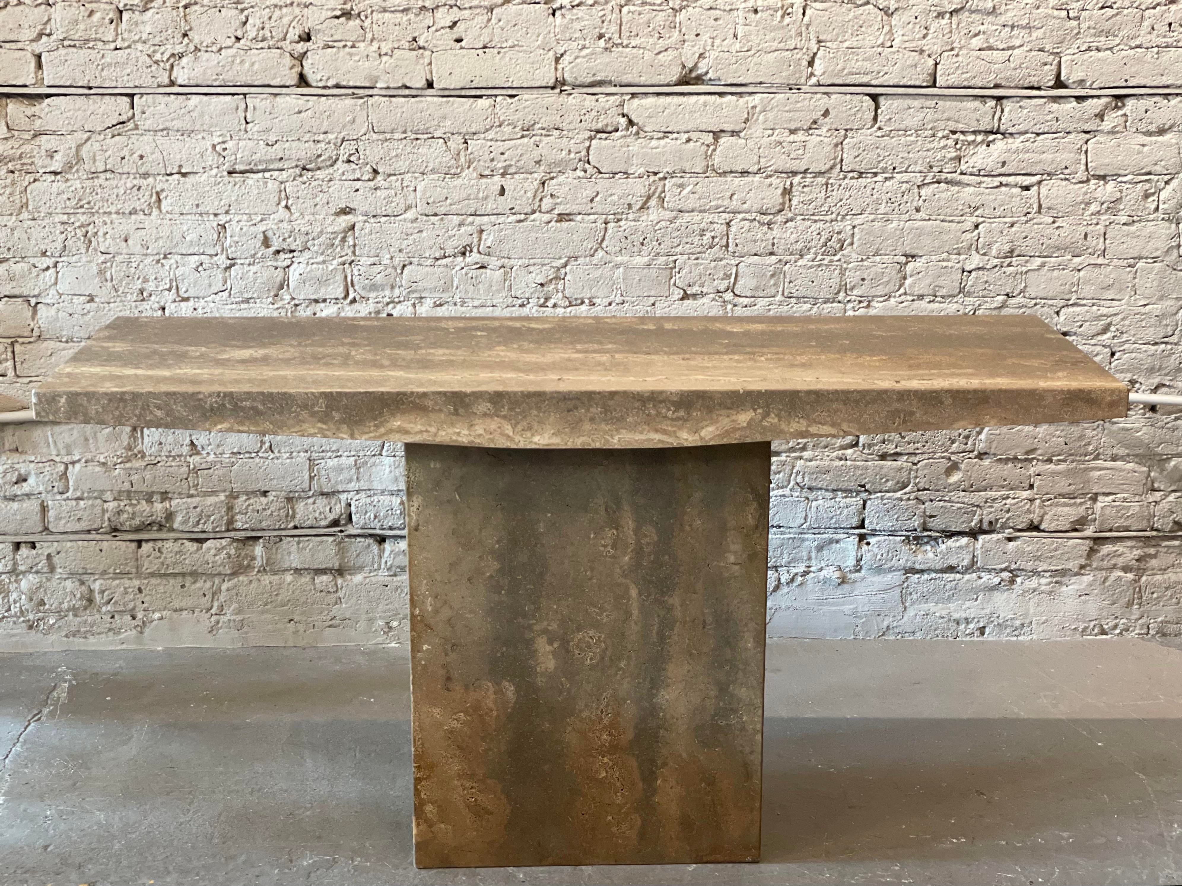 1980s Italian Walnut Travertine Postmodern Console Table With Bowed Edge- Honed