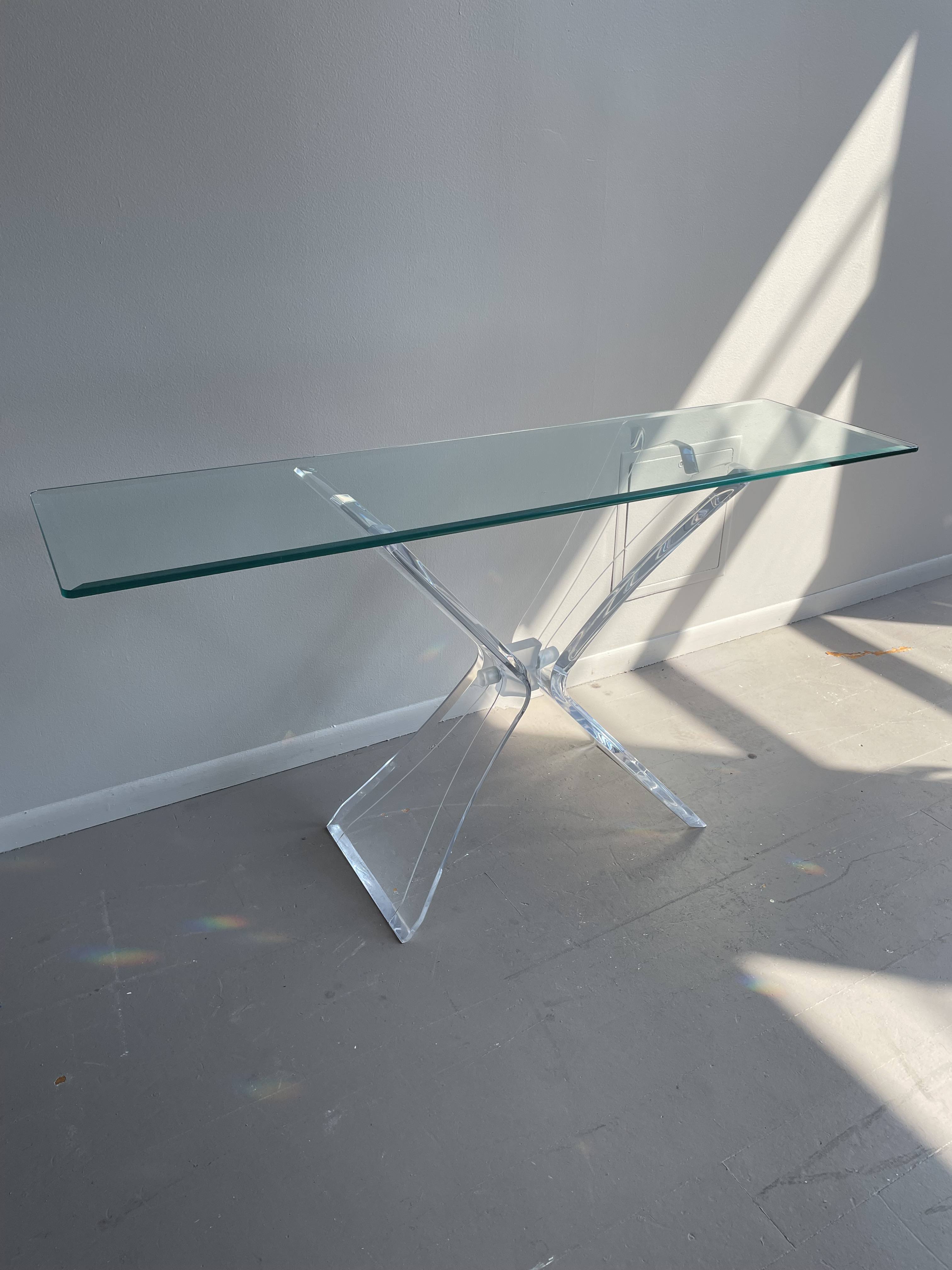 1980s Lucite Console Table With Glass Top Post Modern