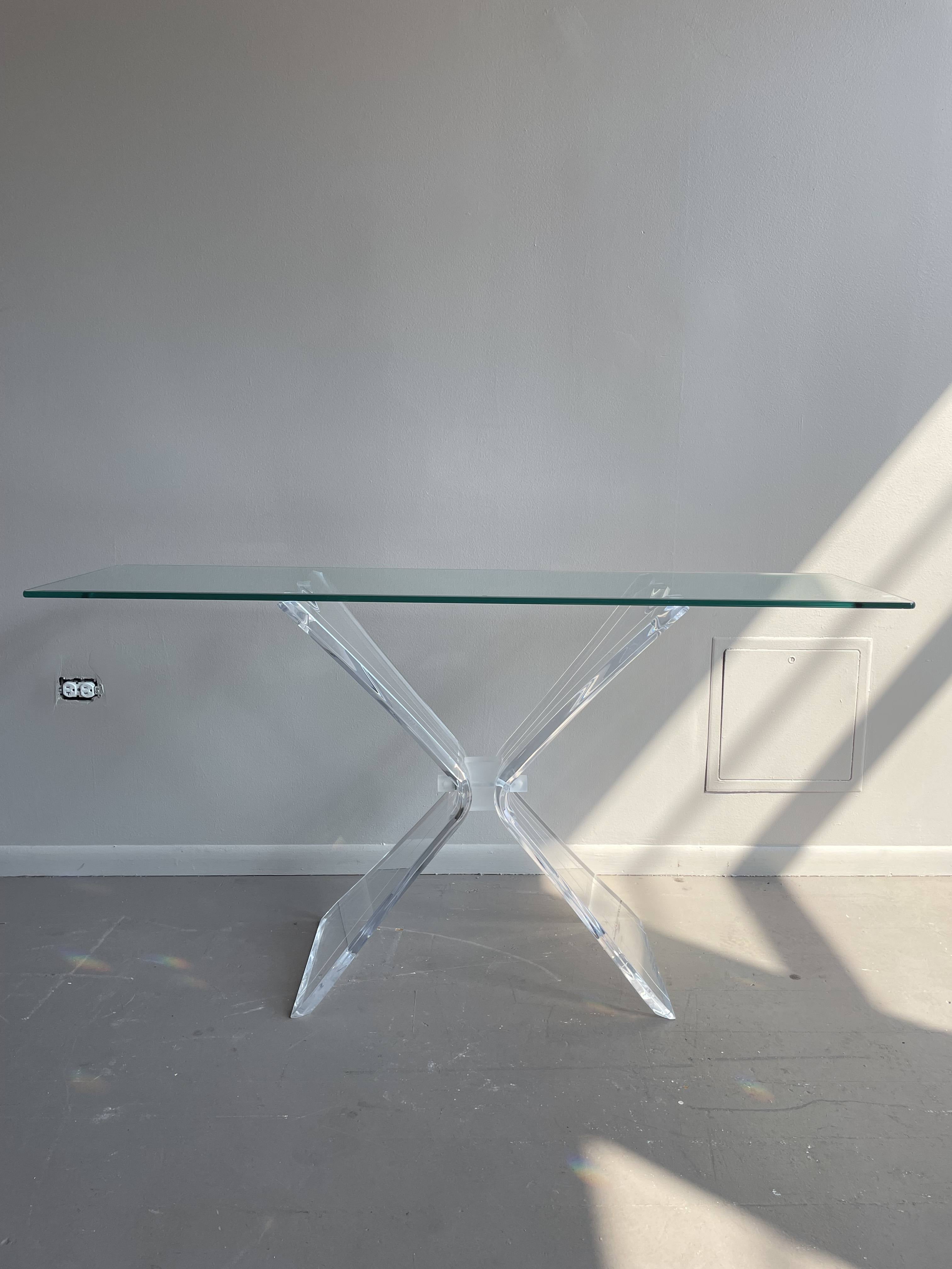 1980s Lucite Console Table With Glass Top Post Modern