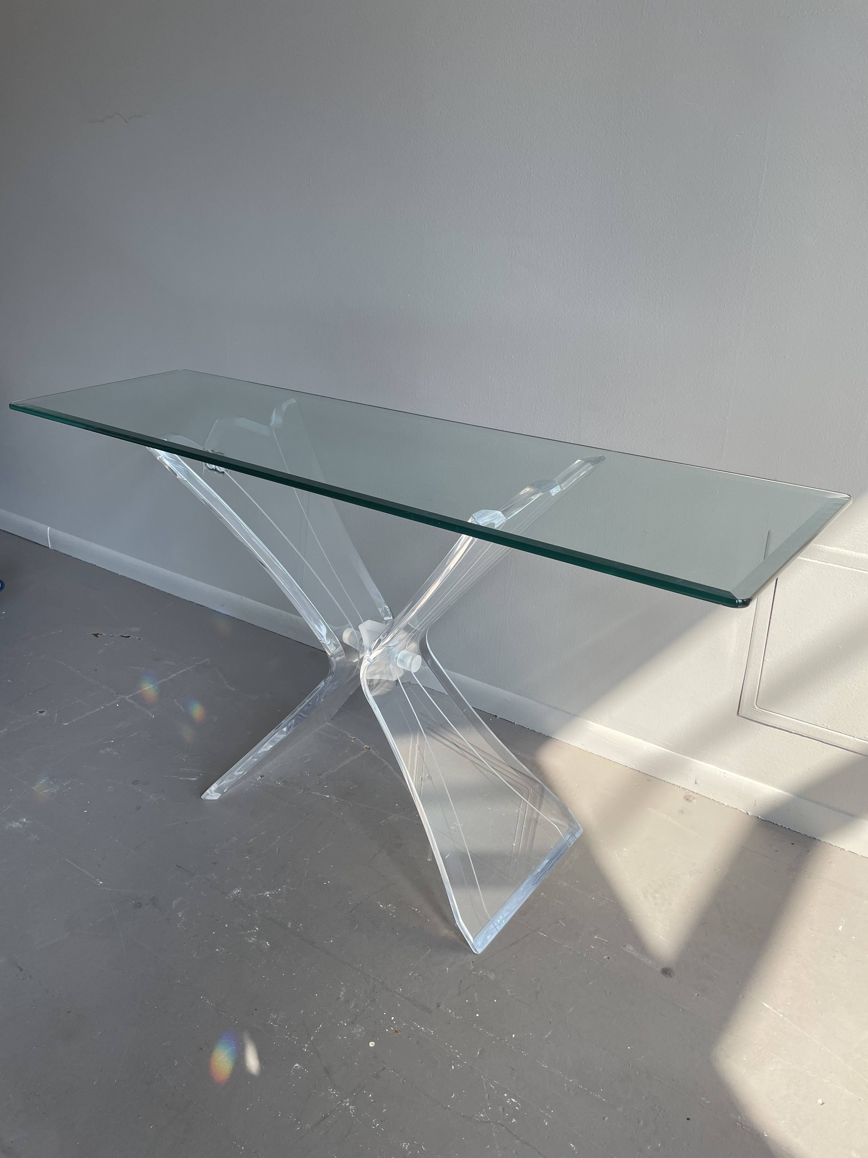 1980s Lucite Console Table With Glass Top Post Modern