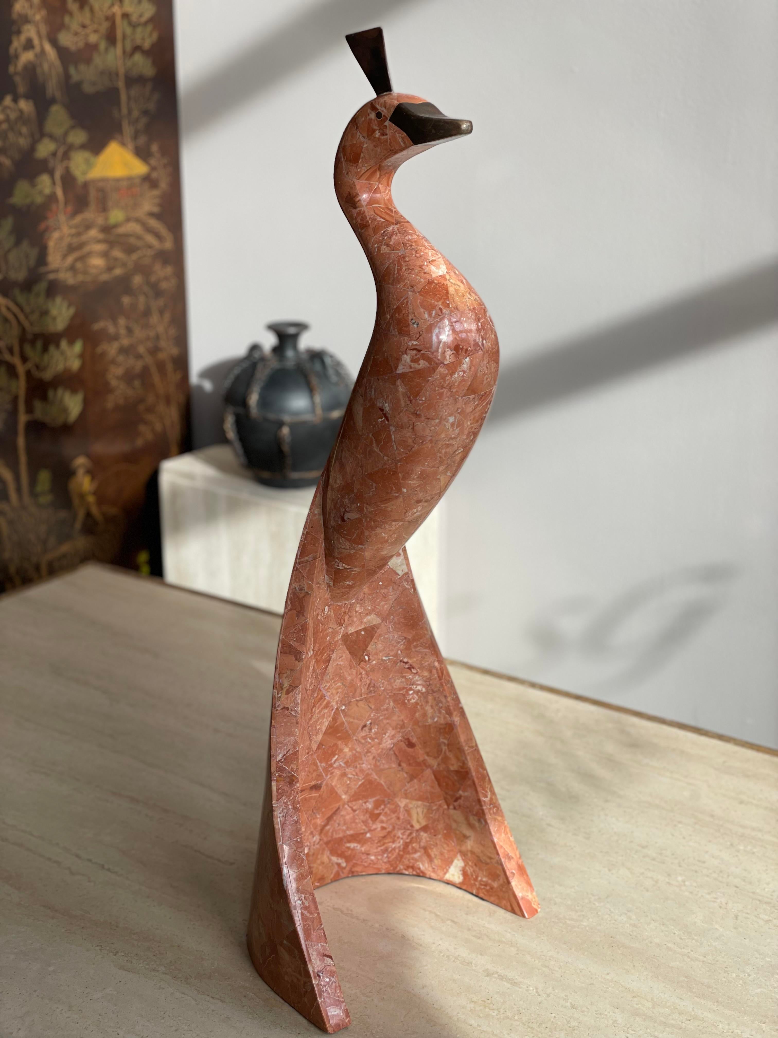 1980s Maitland Smith Fossilized Coral Peacock Bird Sculpture
