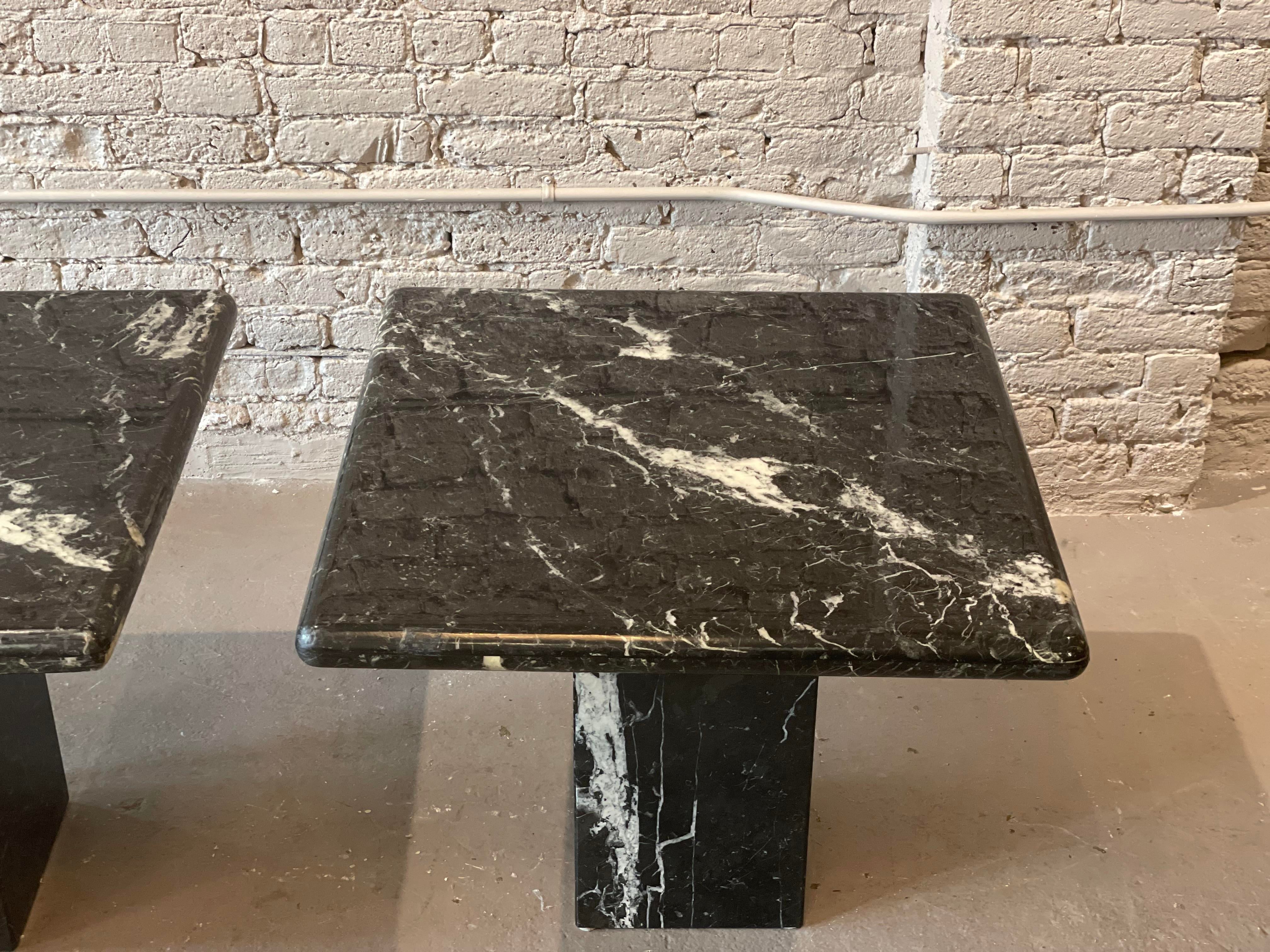 1980s Nero Marquina Black Marble Postmodern Side Tables - a Pair