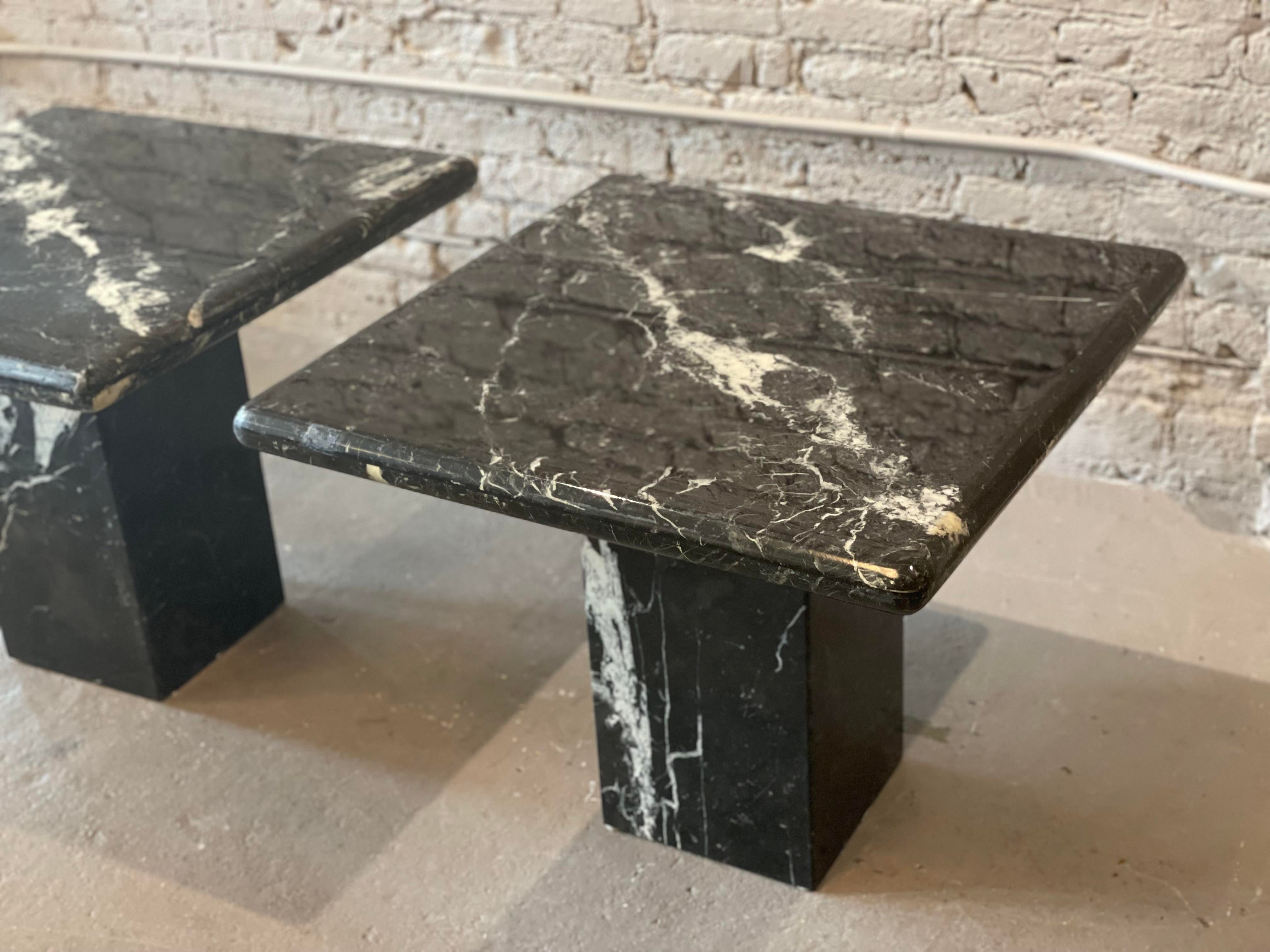 1980s Nero Marquina Black Marble Postmodern Side Tables - a Pair