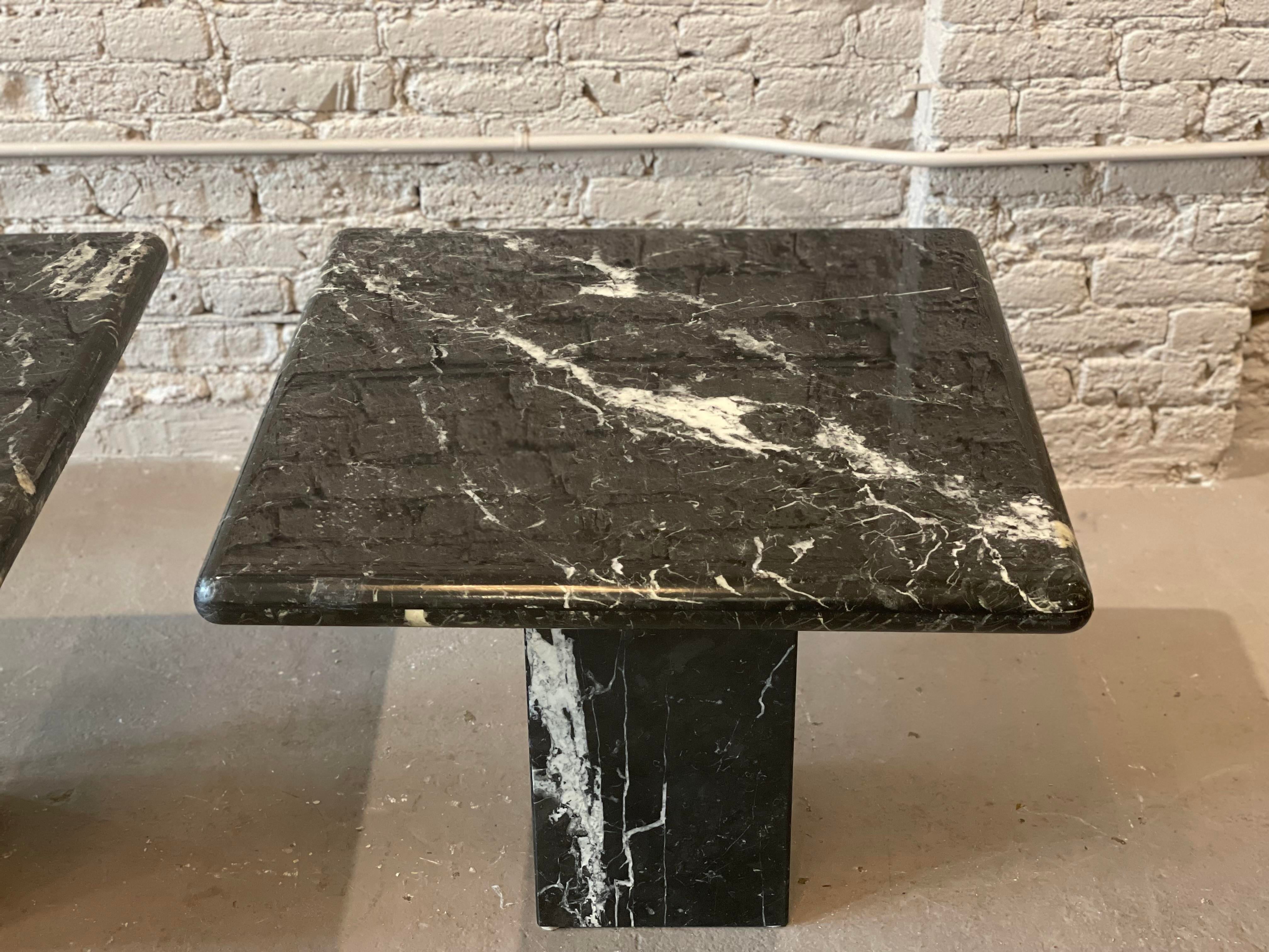 1980s Nero Marquina Black Marble Postmodern Side Tables - a Pair