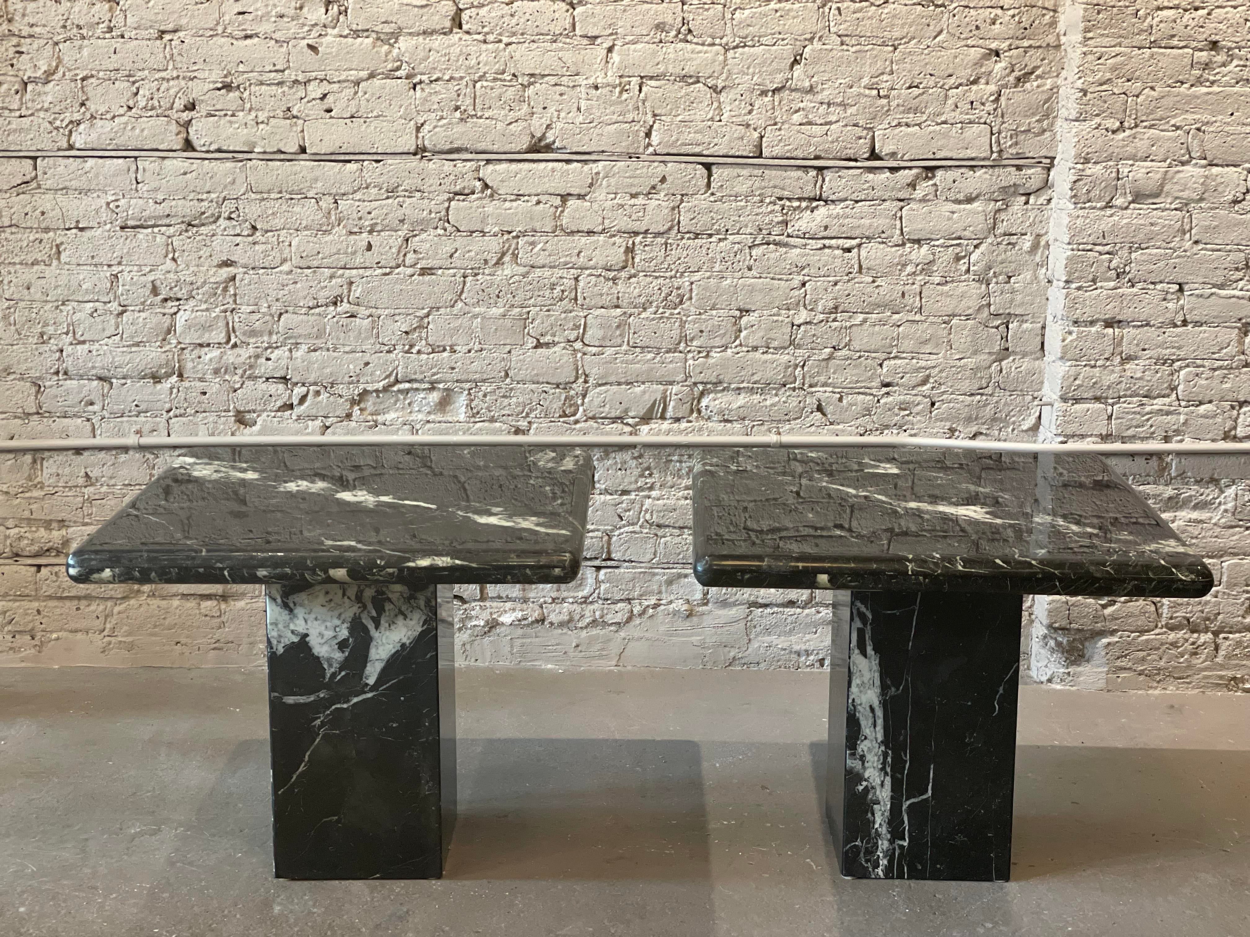 1980s Nero Marquina Black Marble Postmodern Side Tables - a Pair