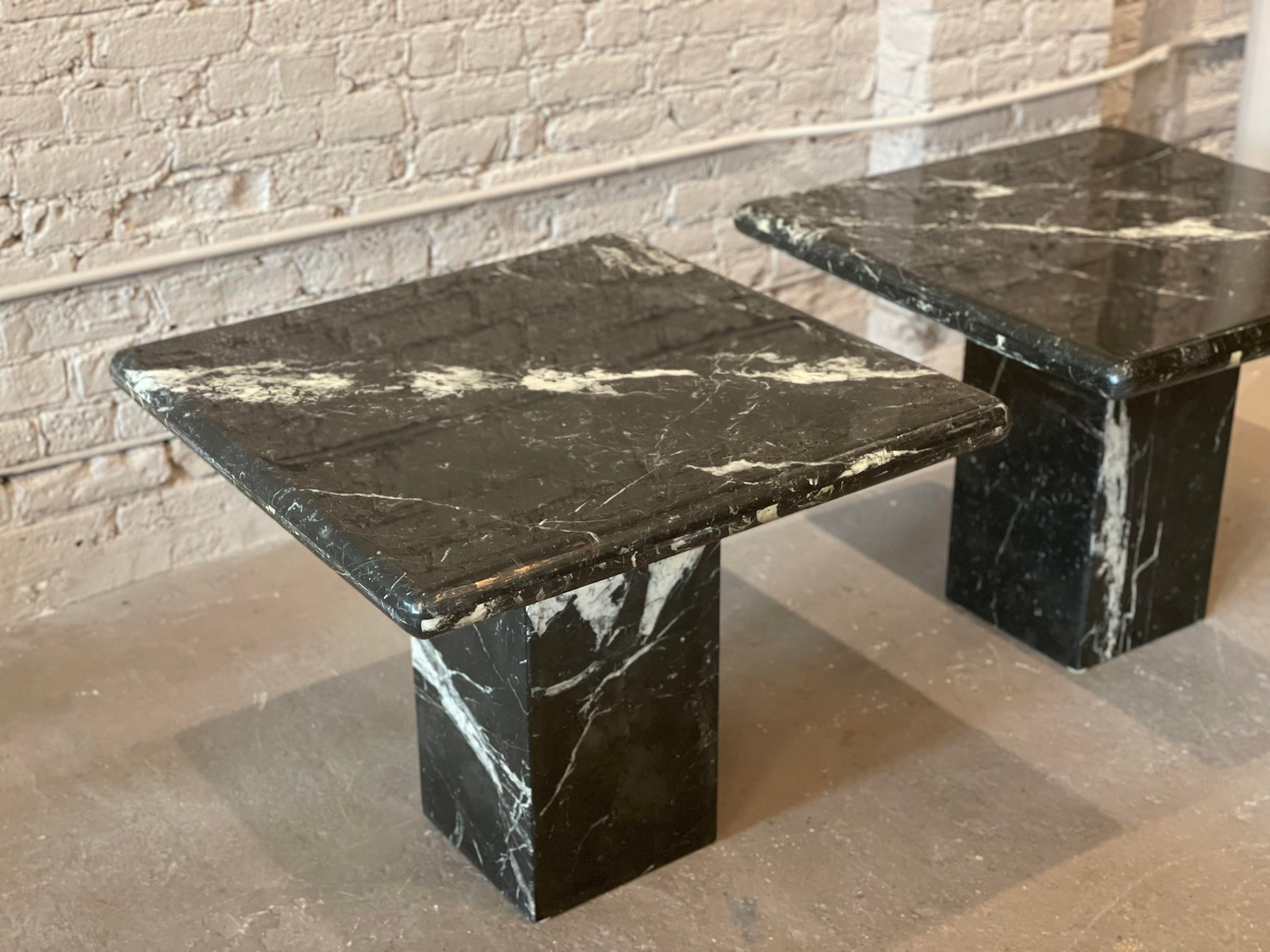 1980s Nero Marquina Black Marble Postmodern Side Tables - a Pair