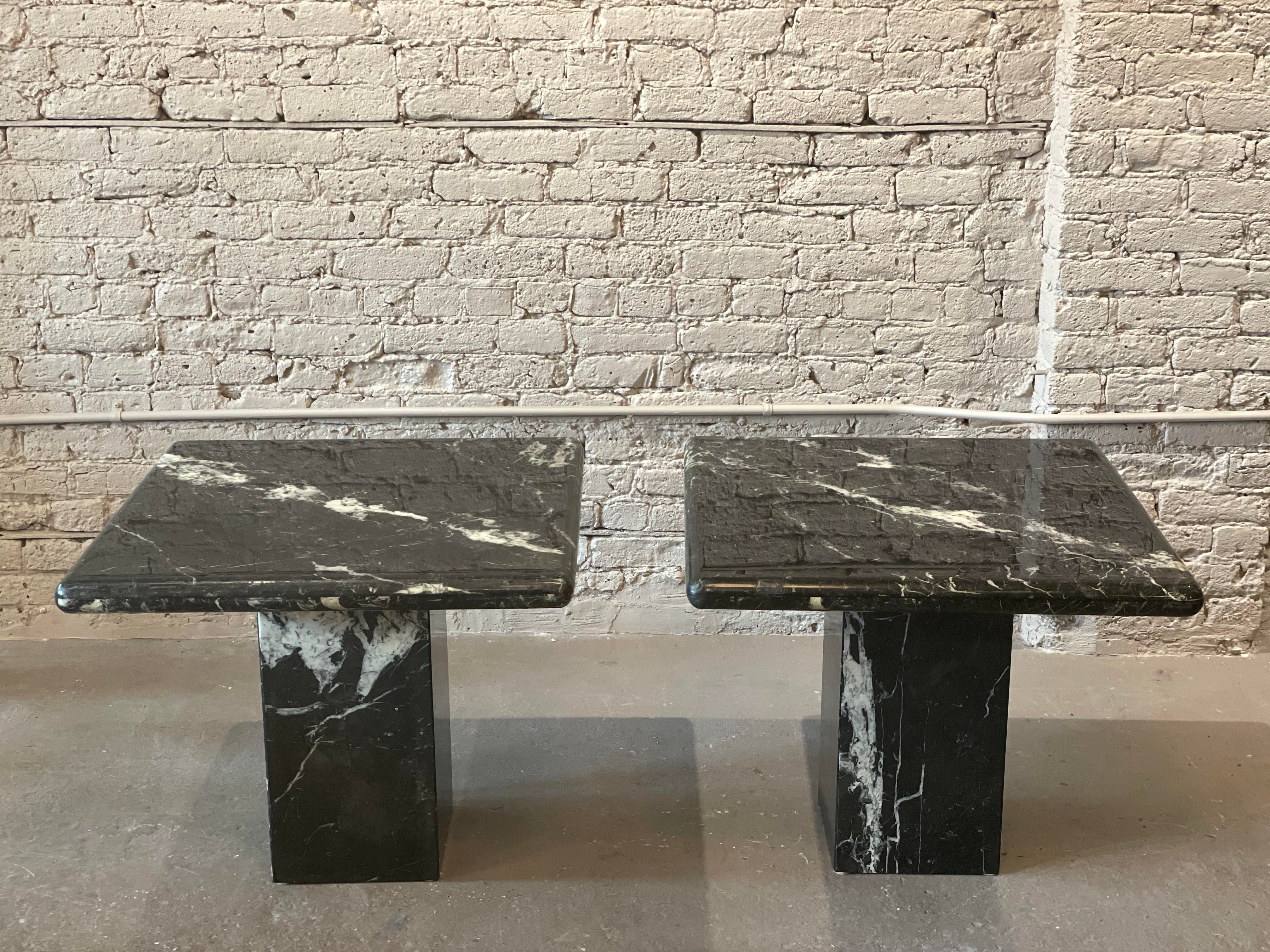 1980s Nero Marquina Black Marble Postmodern Side Tables - a Pair