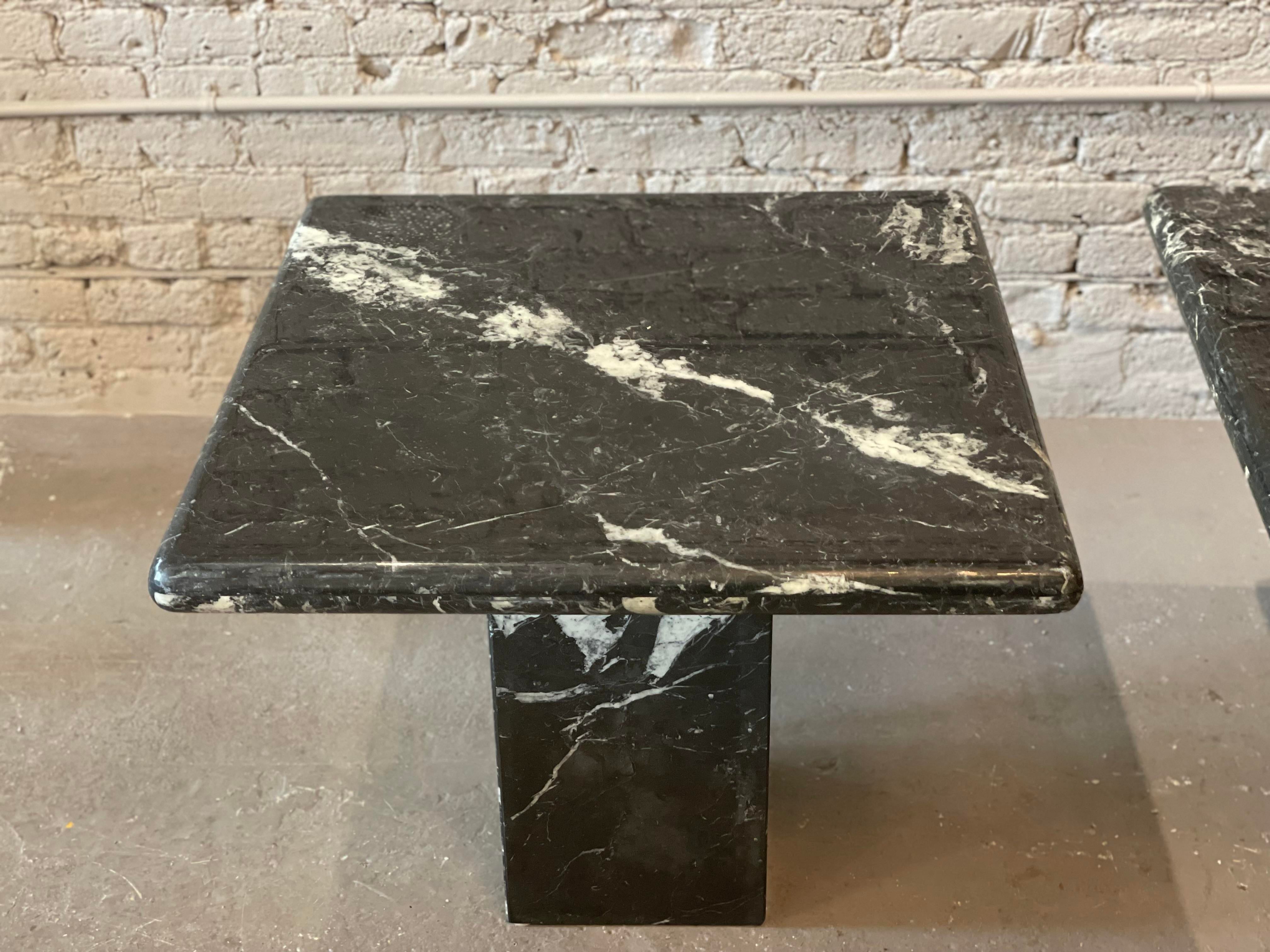1980s Nero Marquina Black Marble Postmodern Side Tables - a Pair