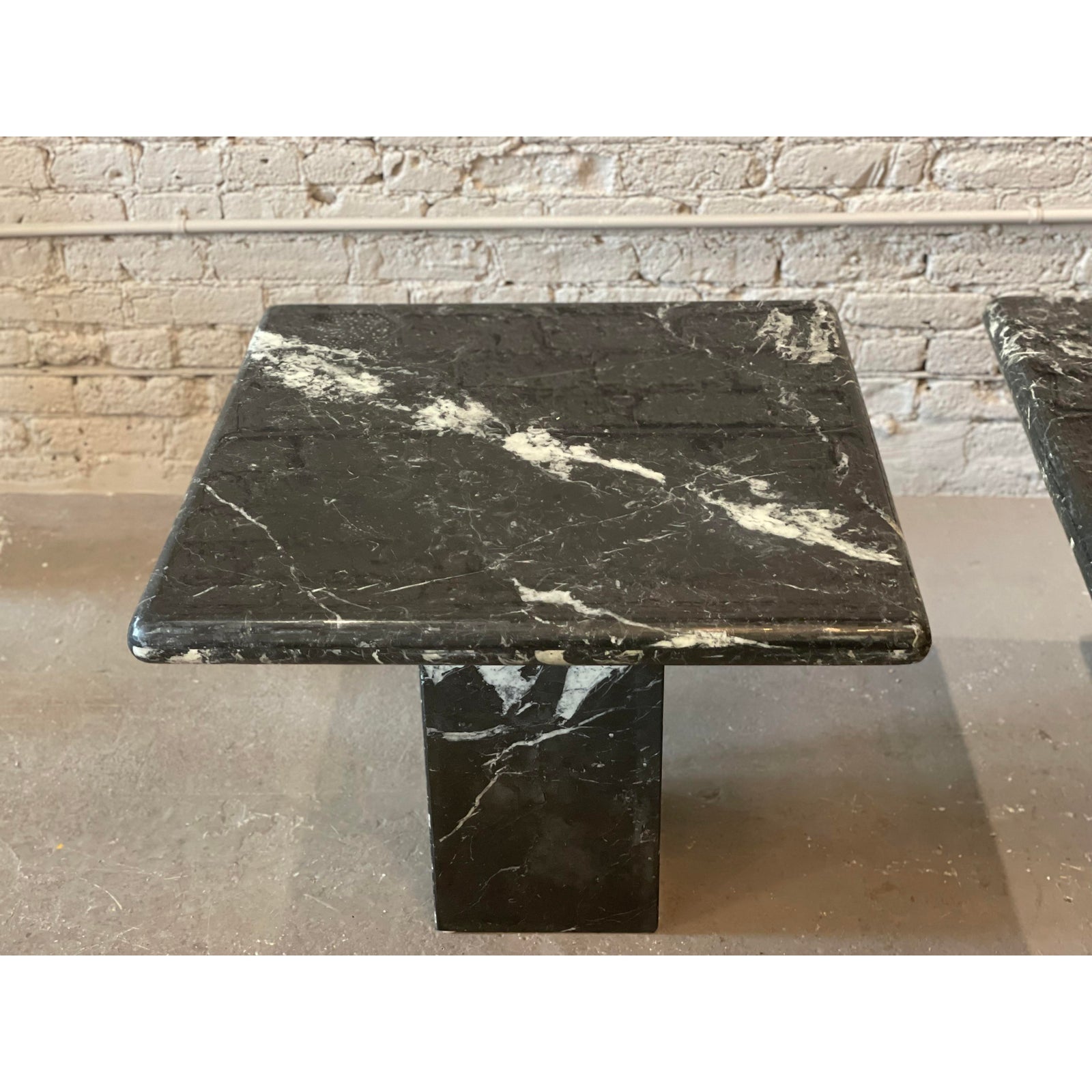 1980s Nero Marquina Black Marble Postmodern Side Tables - a Pair