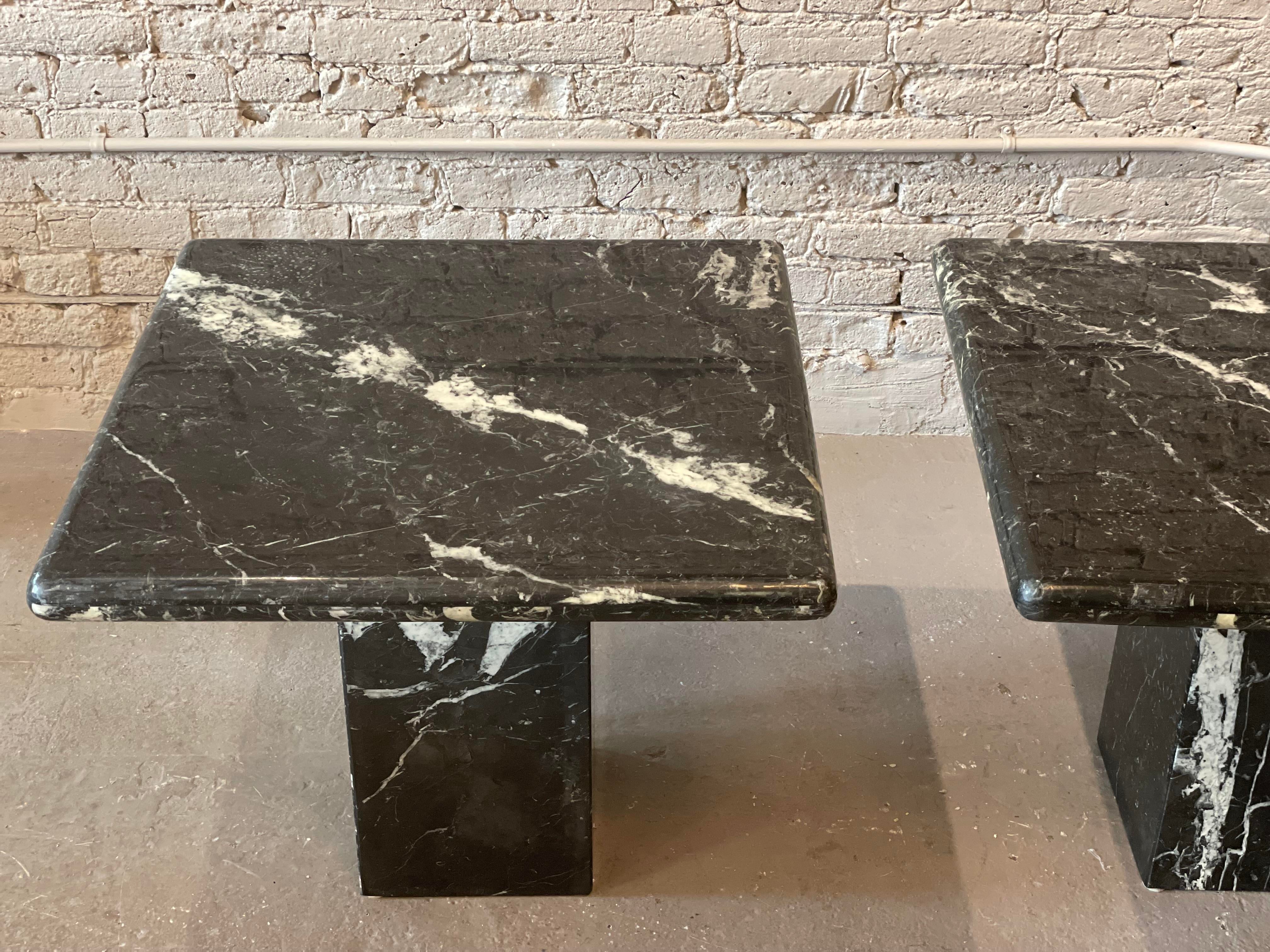 1980s Nero Marquina Black Marble Postmodern Side Tables - a Pair