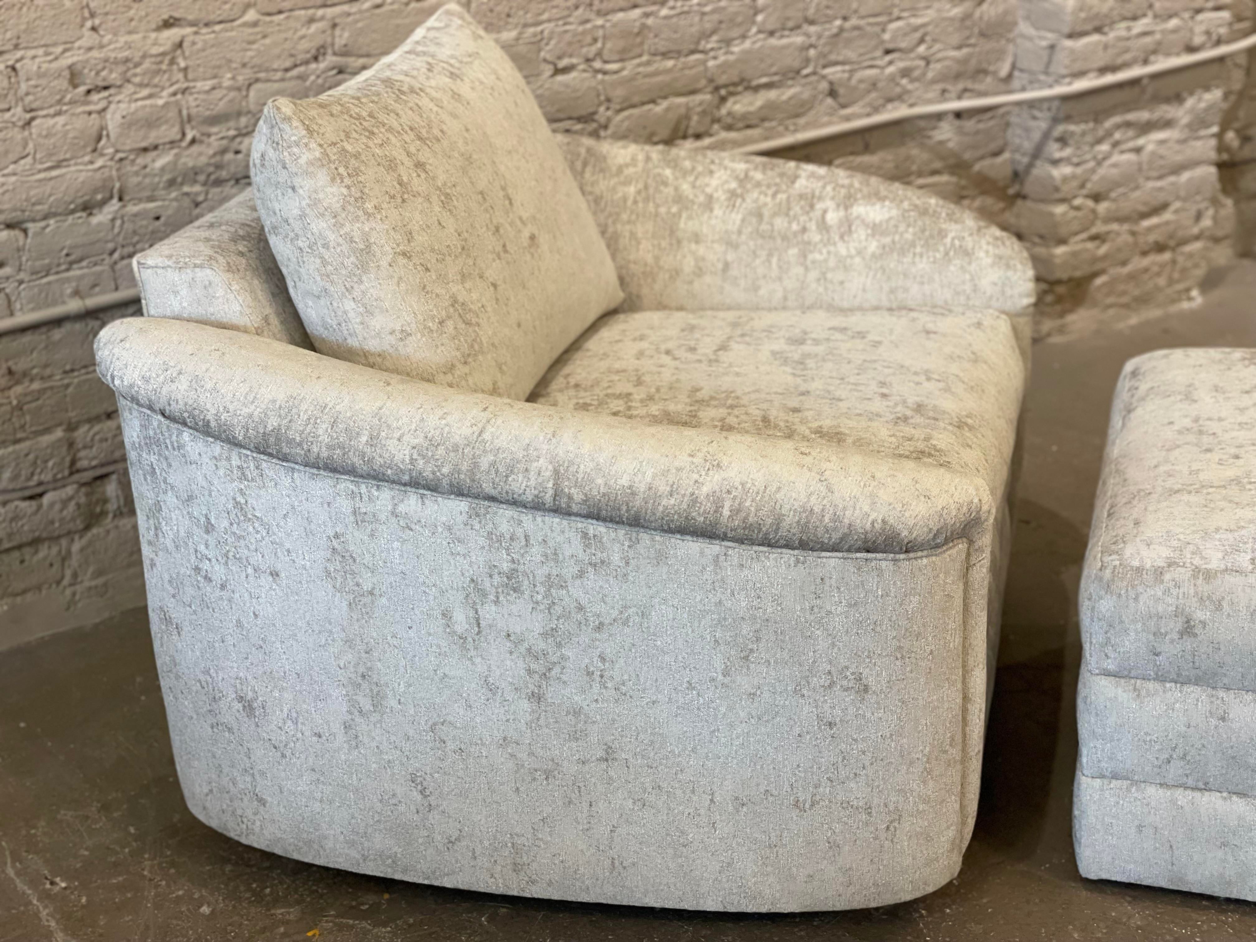 1980s Oversized Postmodern Swivel Chair and Ottoman Reupholstered - Set of 2