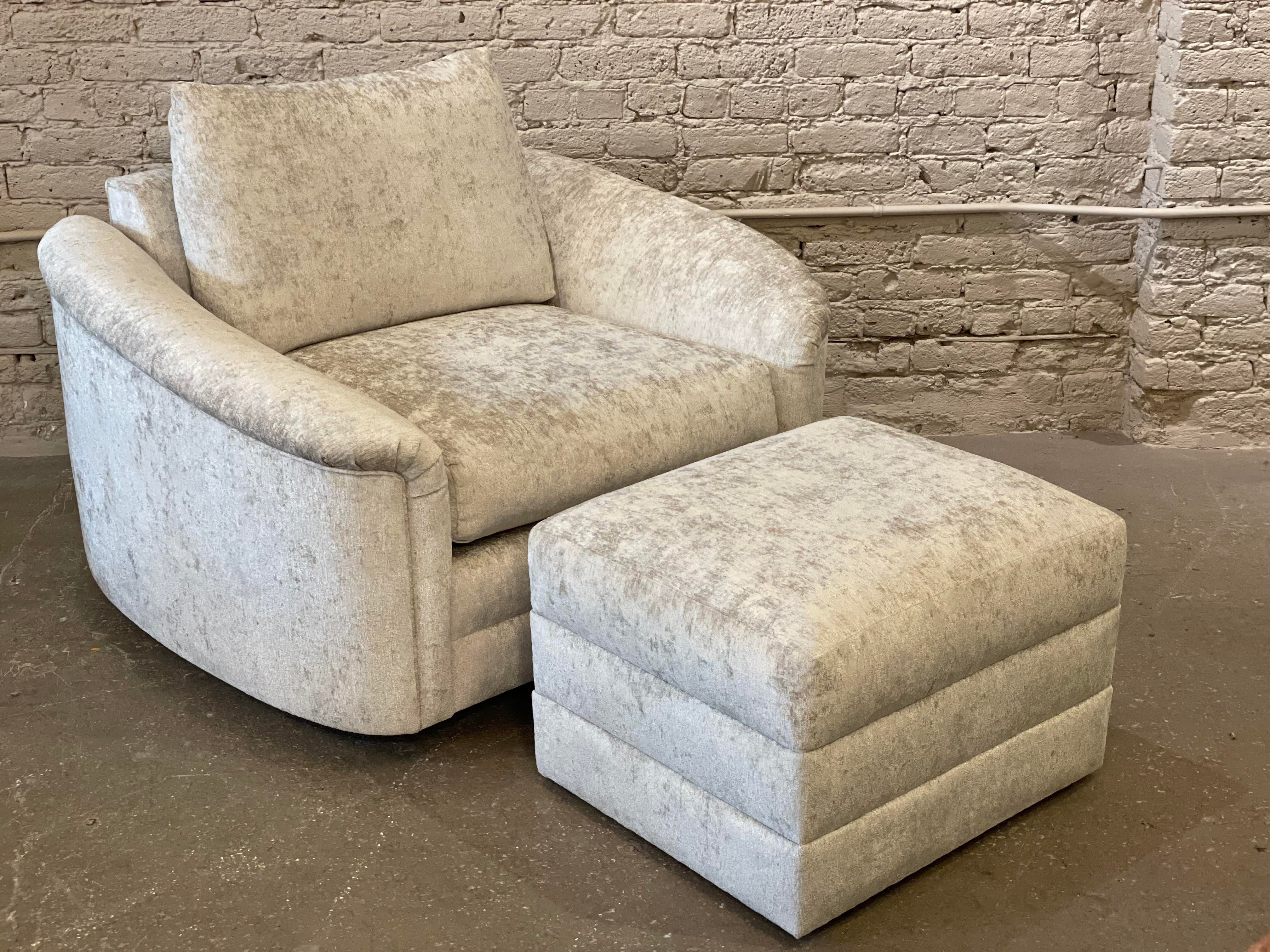 1980s Oversized Postmodern Swivel Chair and Ottoman Reupholstered - Set of 2