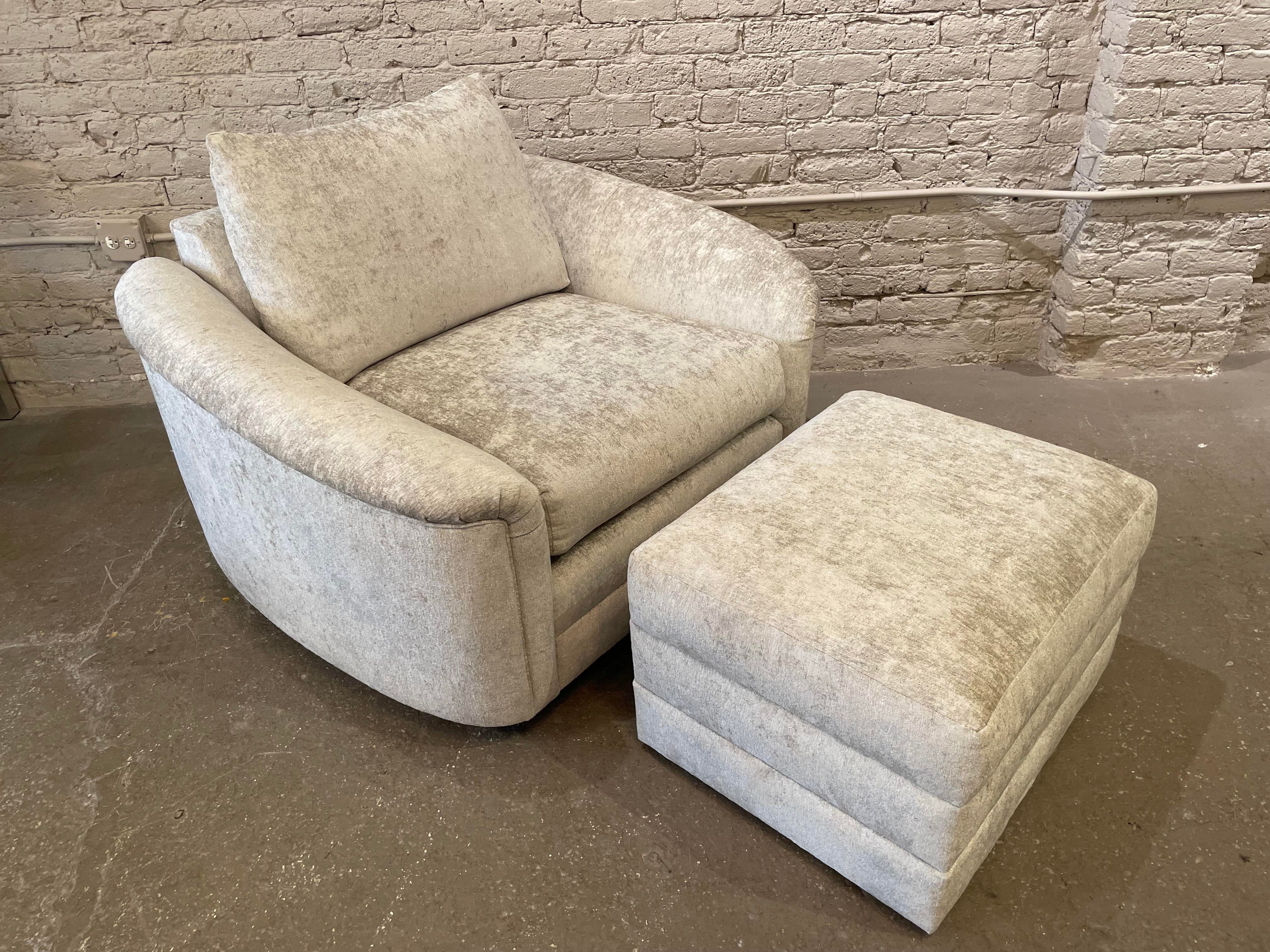 1980s Oversized Postmodern Swivel Chair and Ottoman Reupholstered - Set of 2