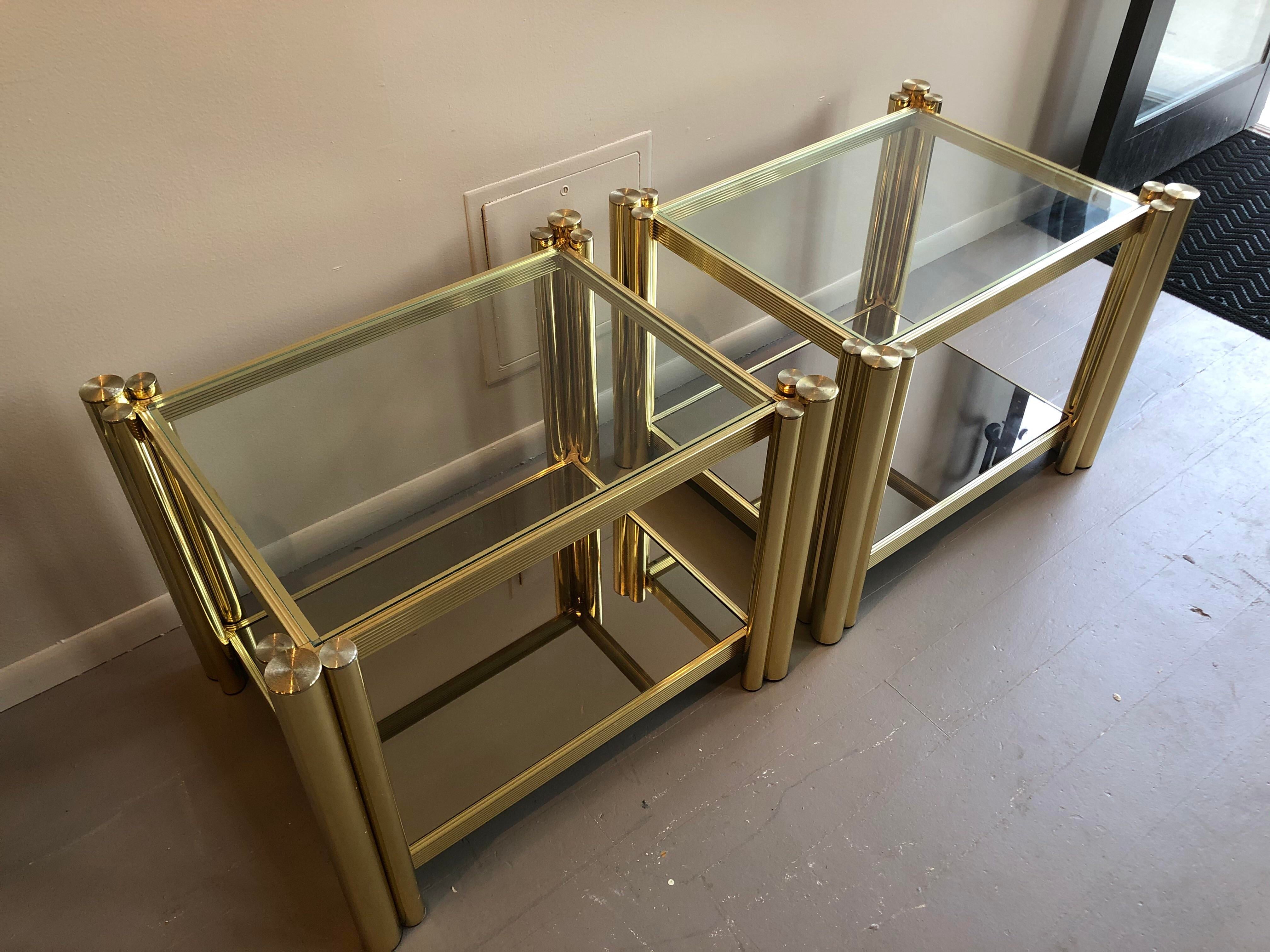 1980s Postmodern Brass 2-Tier Side Tables - a Pair