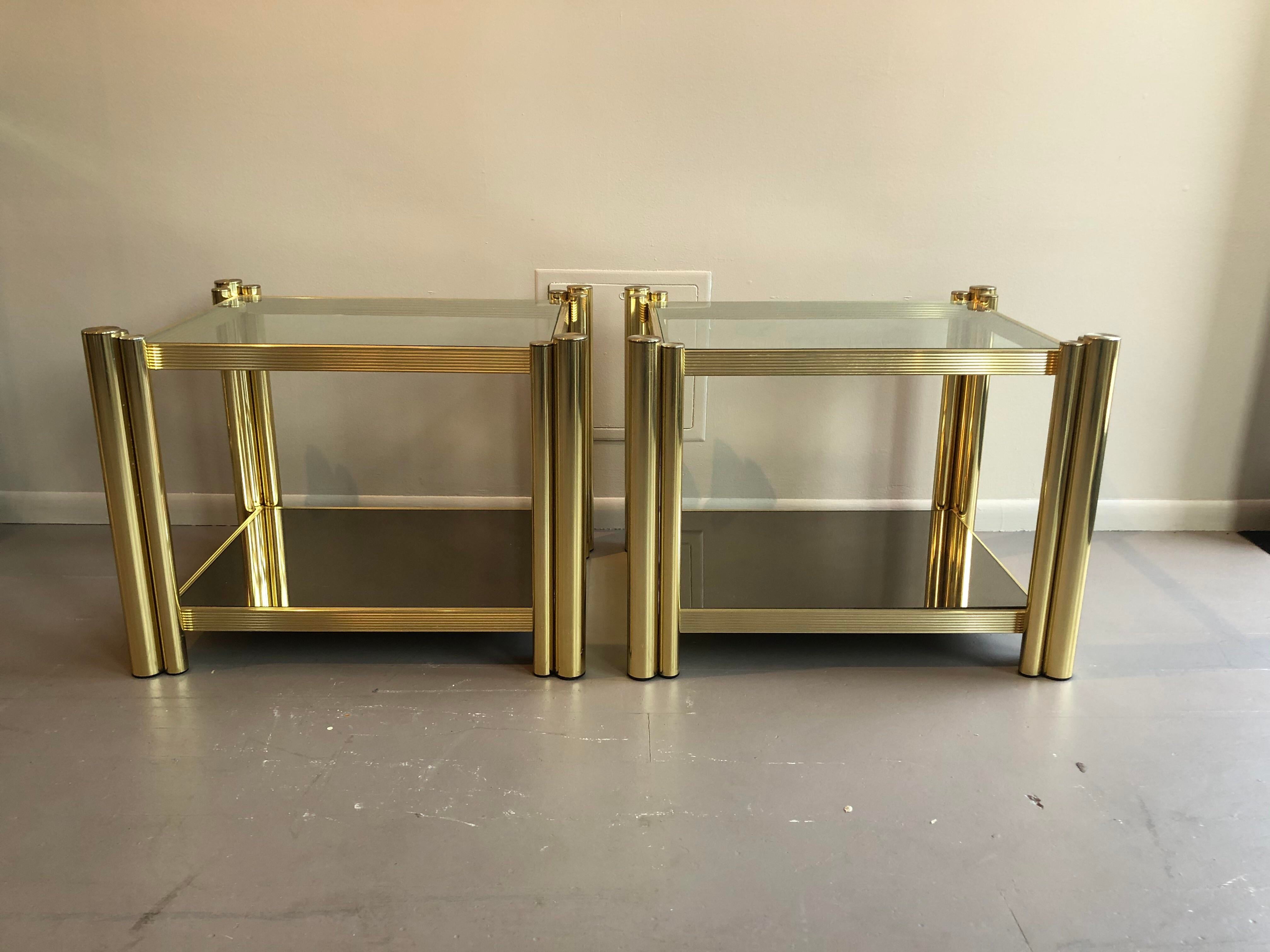 1980s Postmodern Brass 2-Tier Side Tables - a Pair