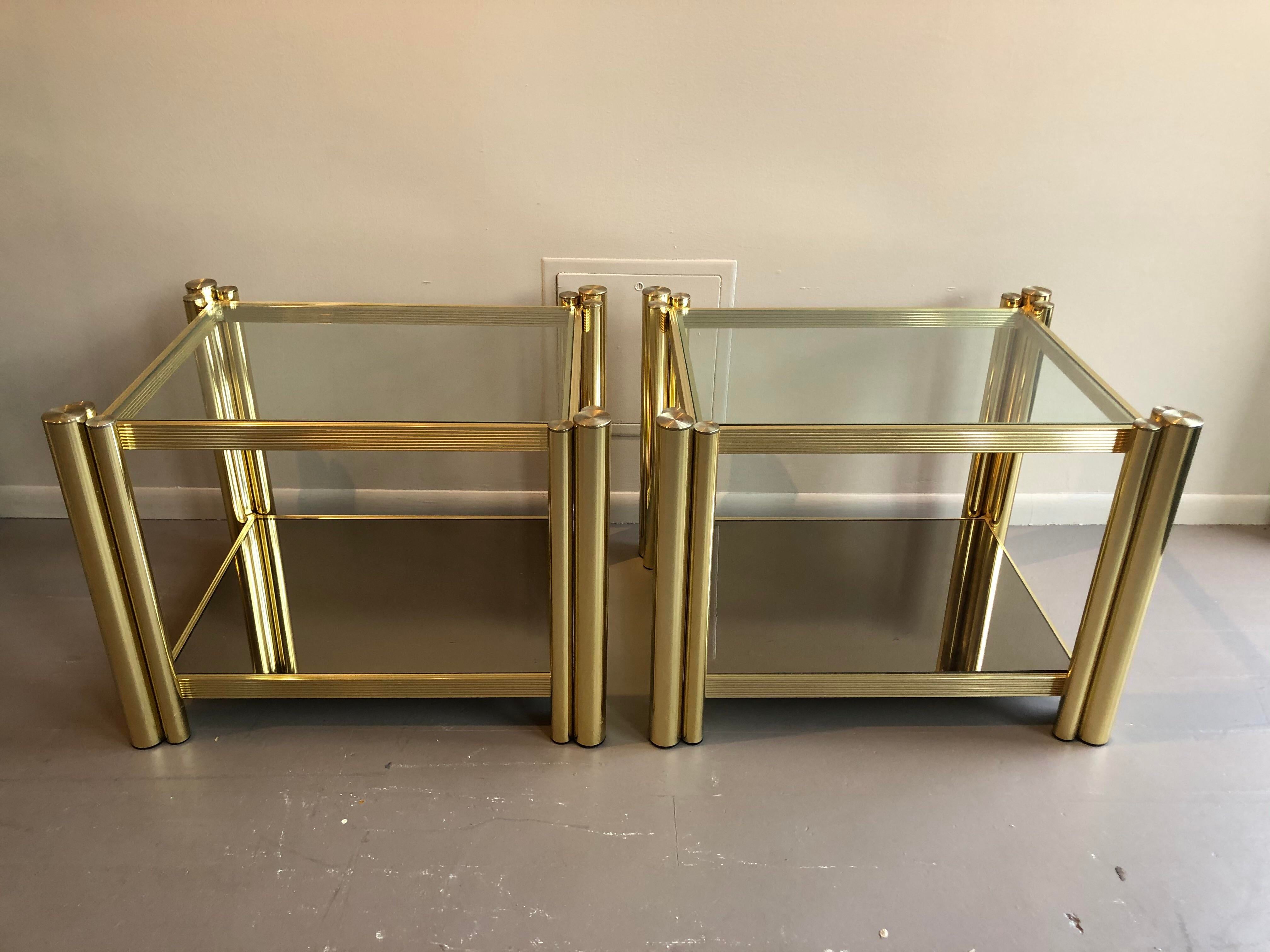 1980s Postmodern Brass 2-Tier Side Tables - a Pair