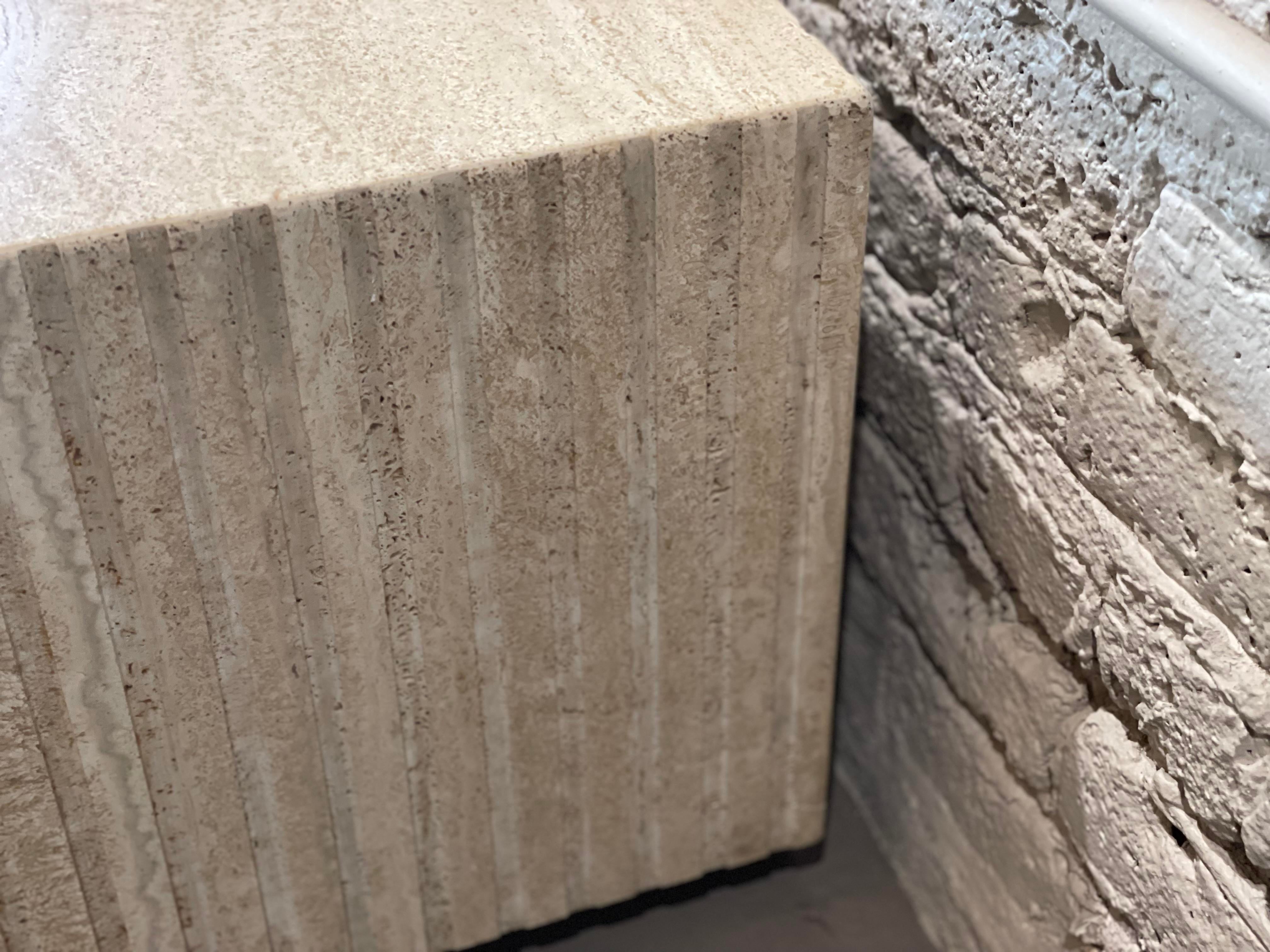1980s Postmodern Channeled Travertine Coffee Table on Wheels