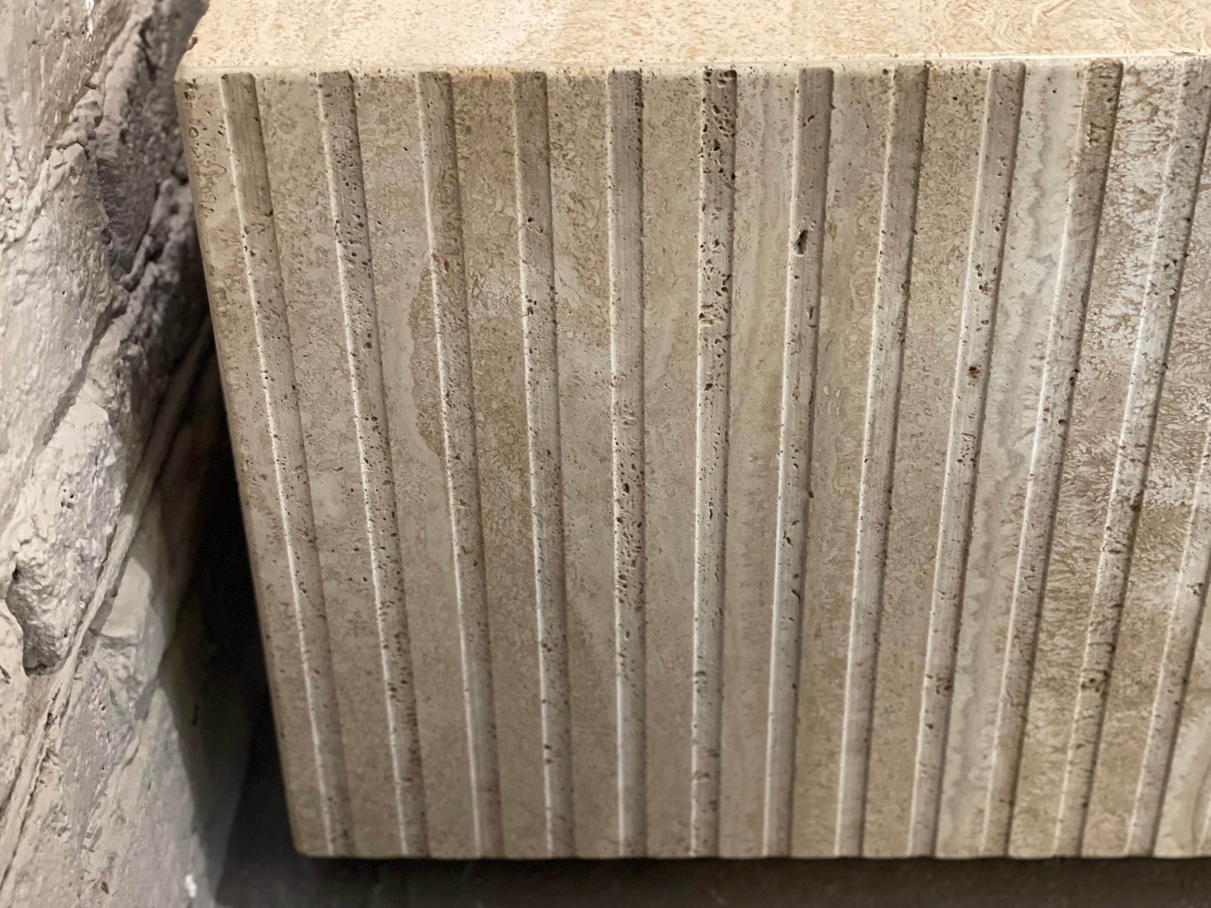 1980s Postmodern Channeled Travertine Coffee Table on Wheels