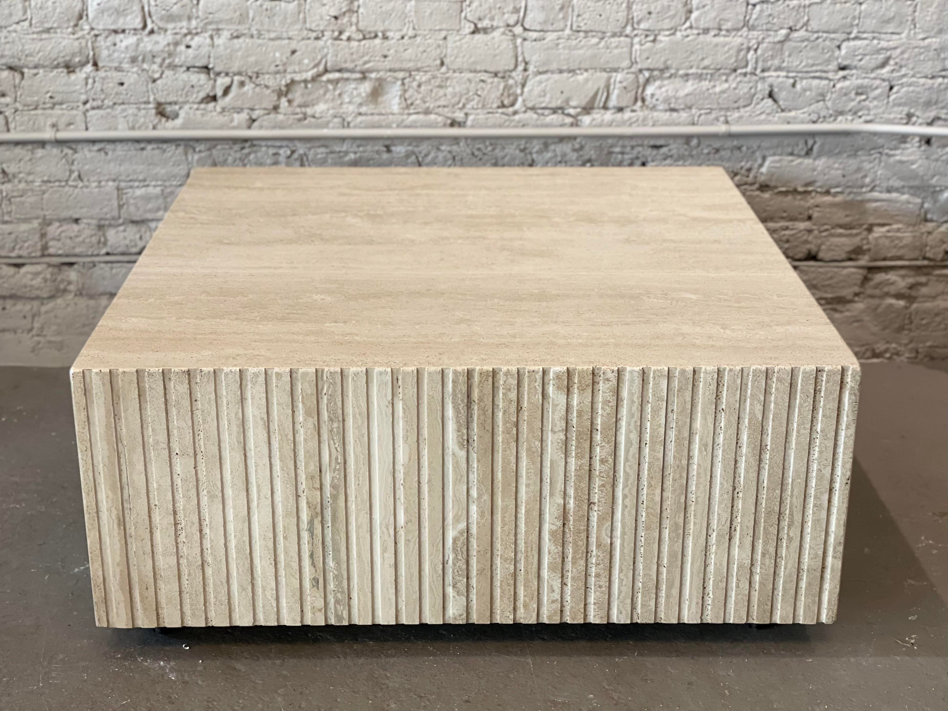 1980s Postmodern Channeled Travertine Coffee Table on Wheels
