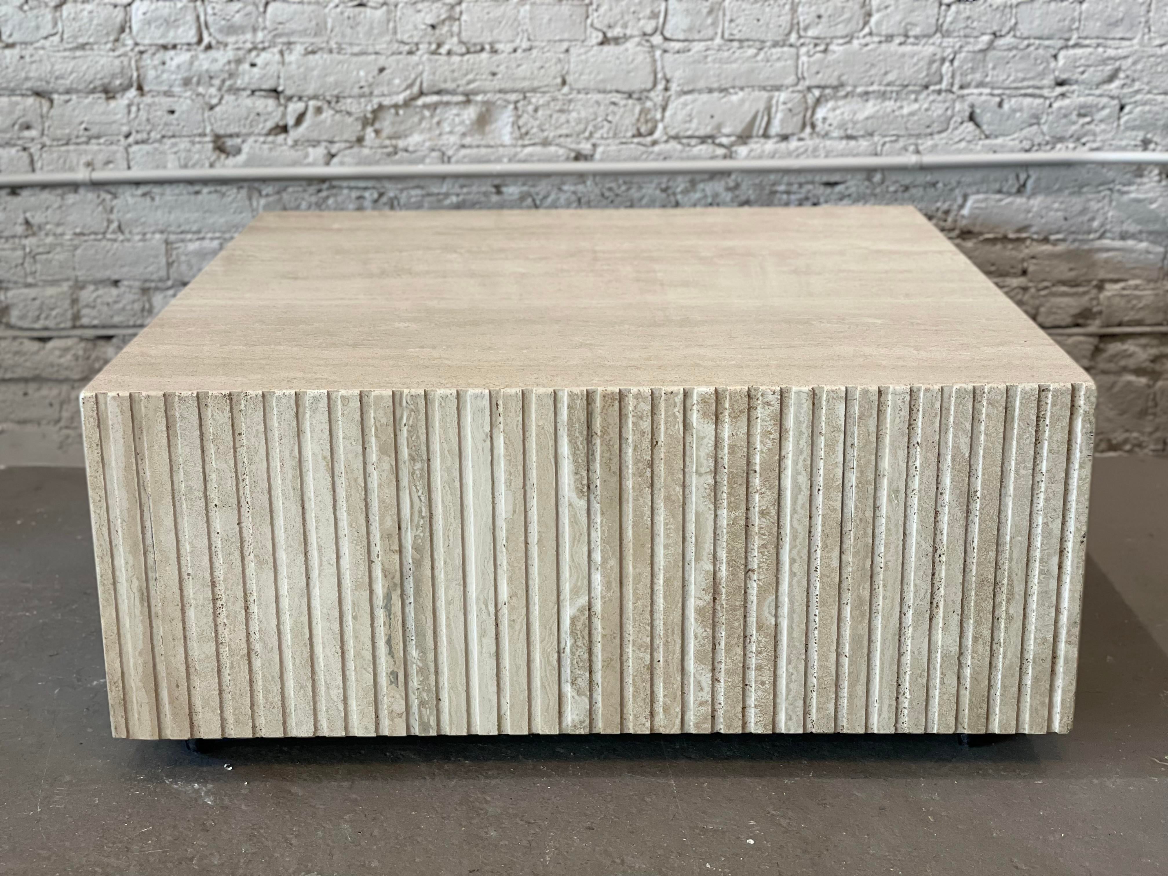 1980s Postmodern Channeled Travertine Coffee Table on Wheels