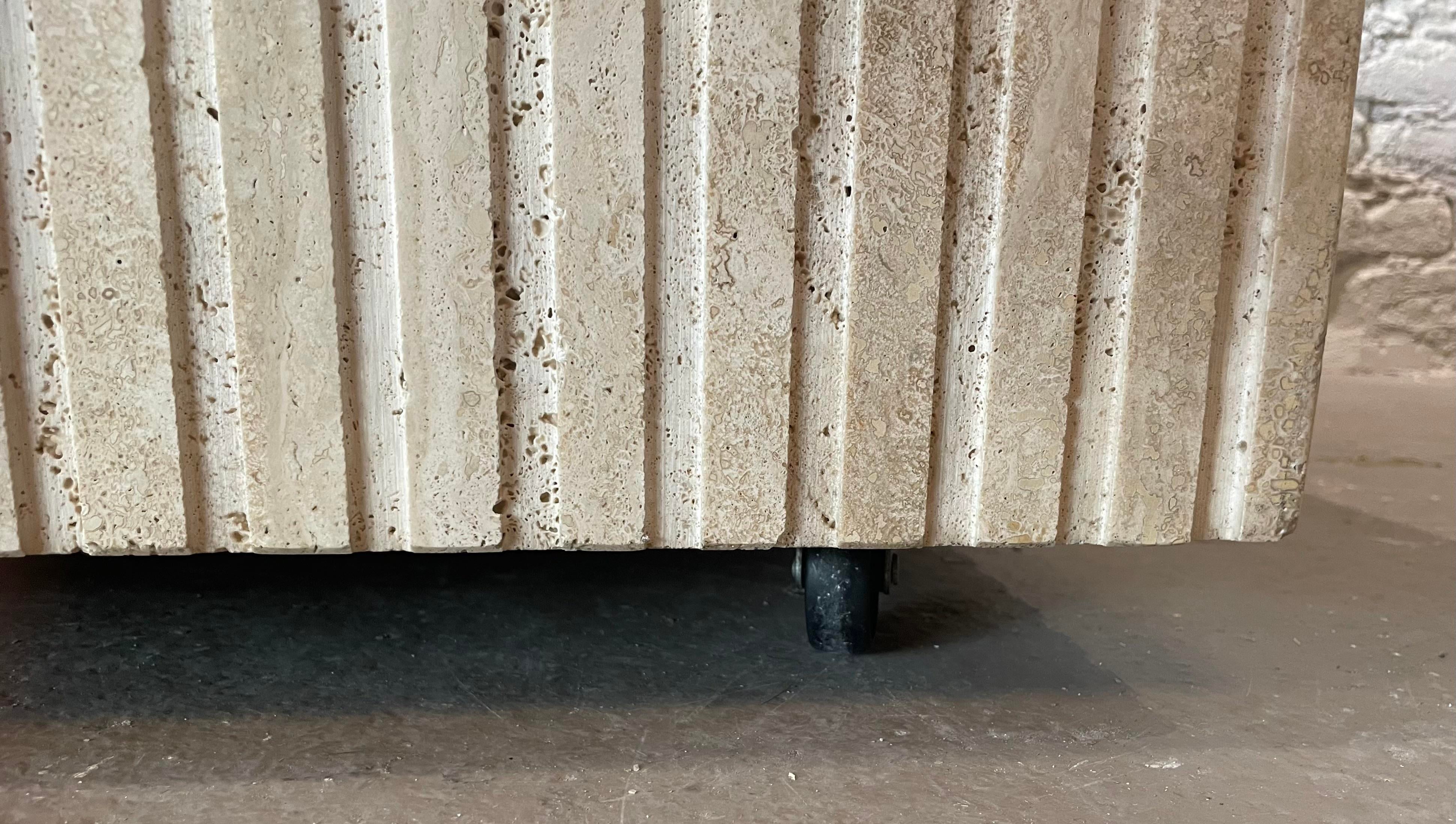 1980s Postmodern Channeled Travertine Coffee Table on Wheels