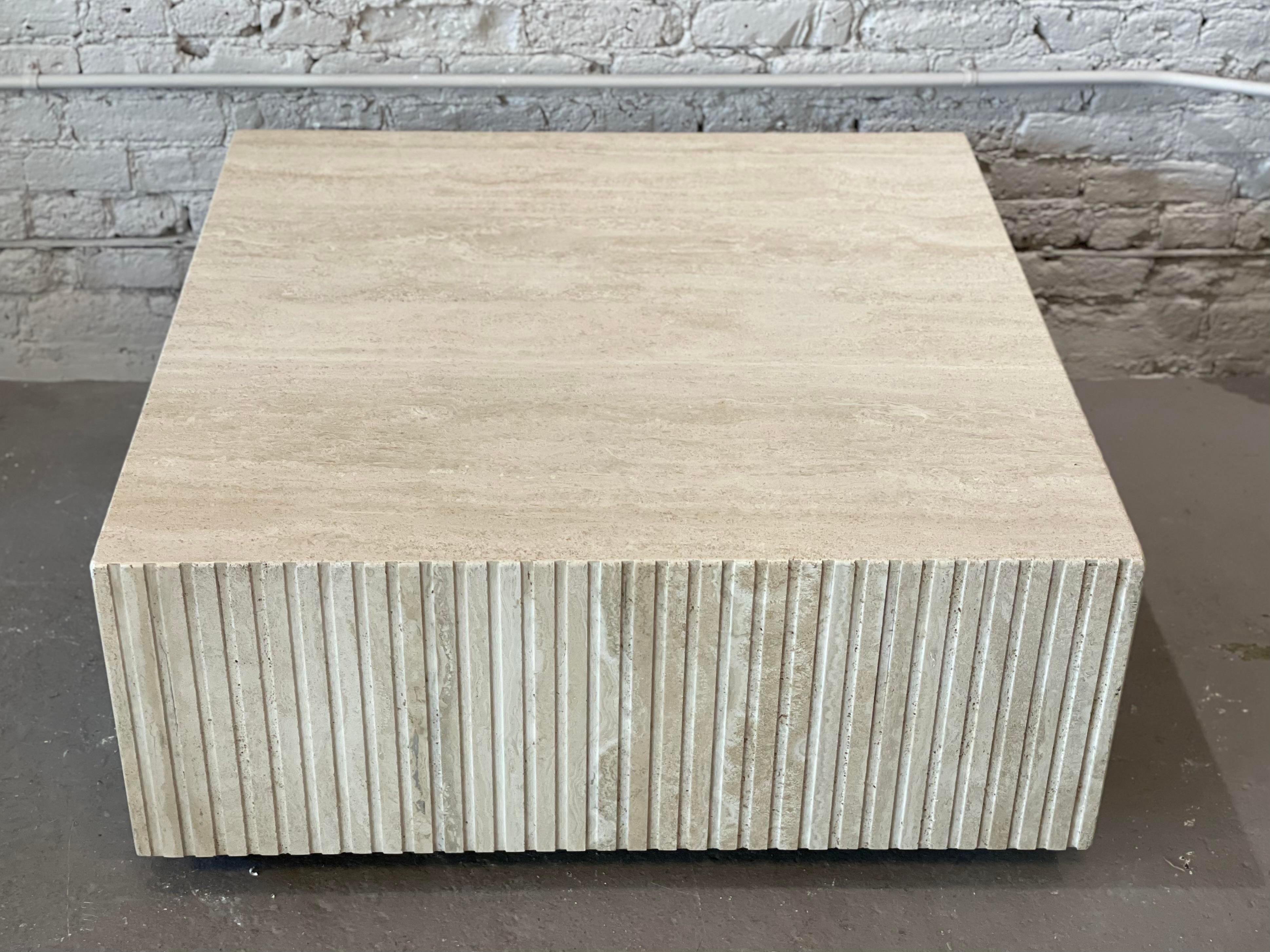 1980s Postmodern Channeled Travertine Coffee Table on Wheels