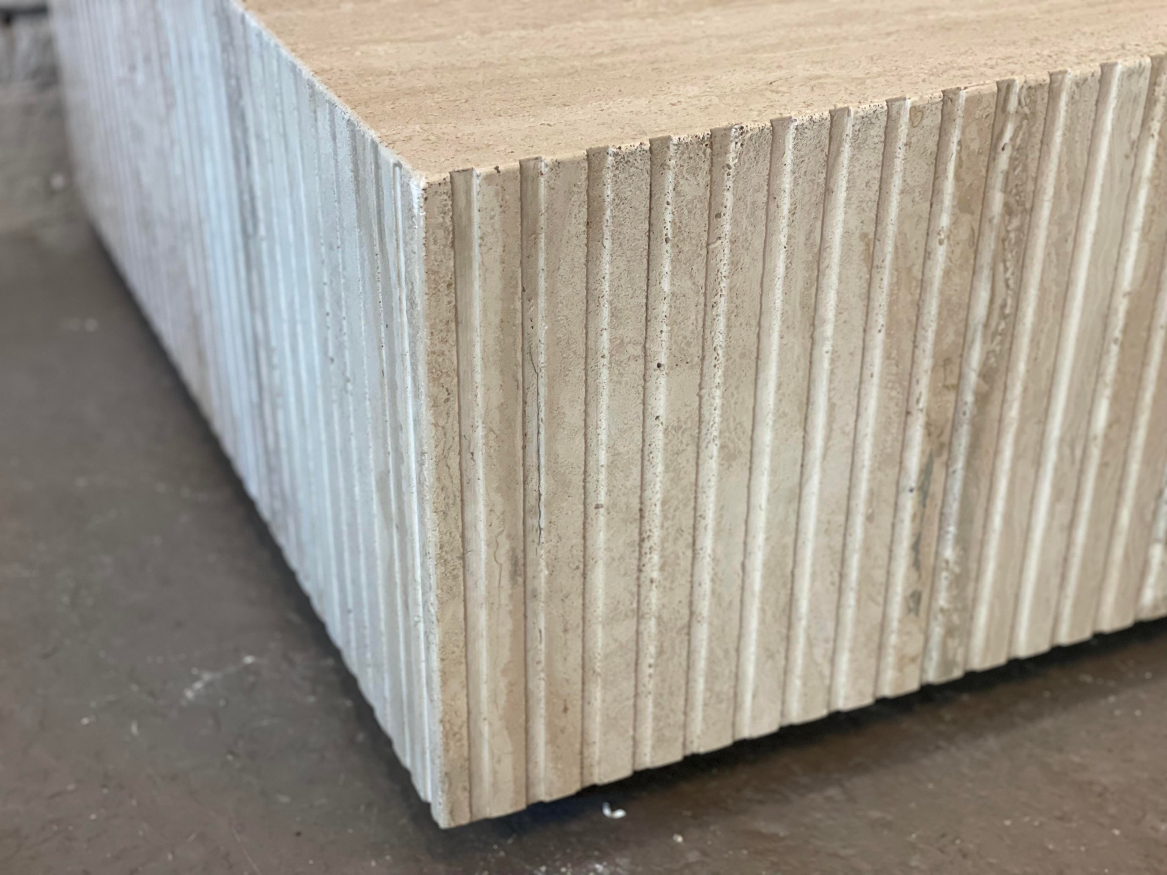 1980s Postmodern Channeled Travertine Coffee Table on Wheels