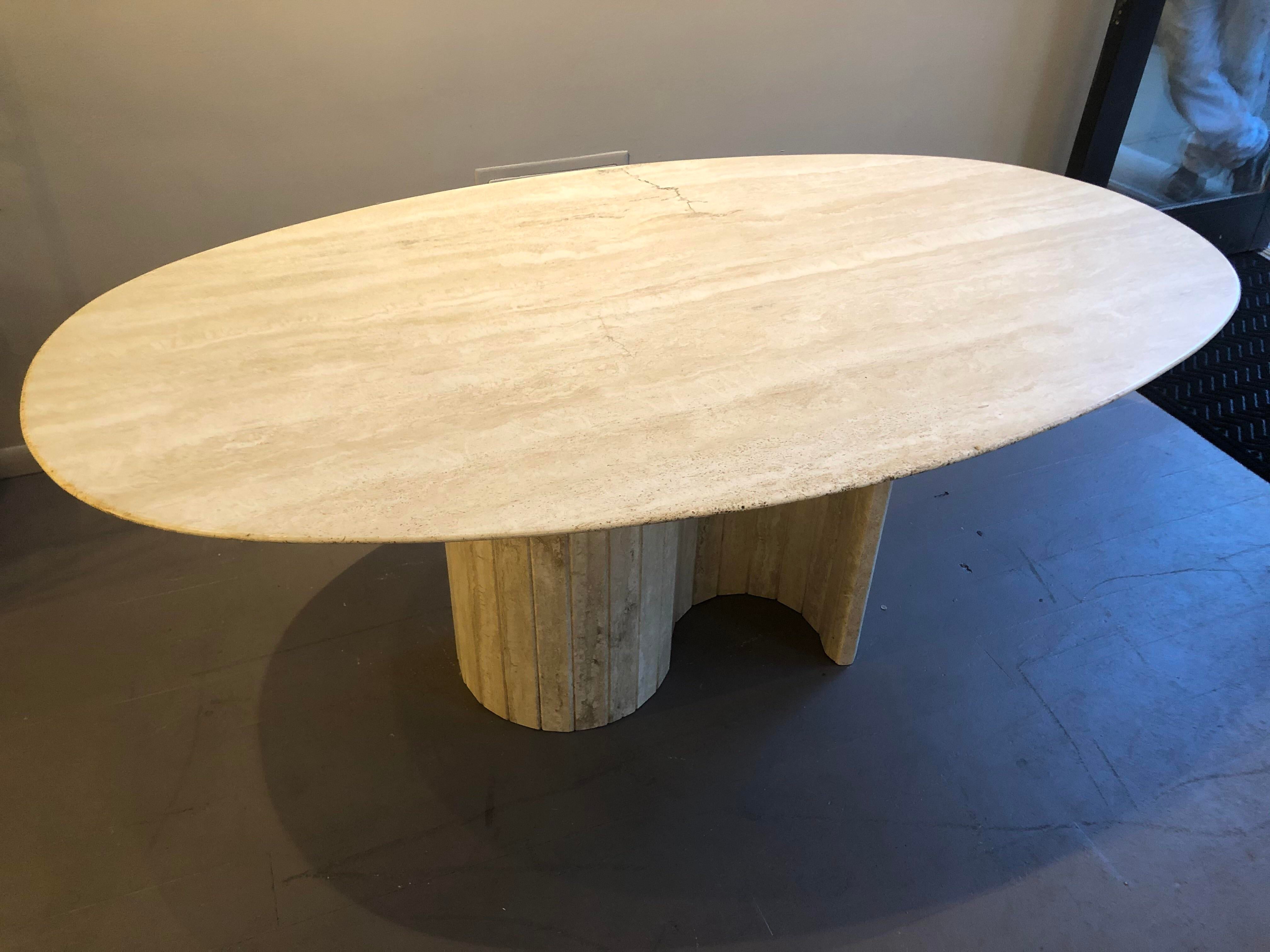1980s Postmodern Serpentine Channeled Base Oval Travertine Dining Table