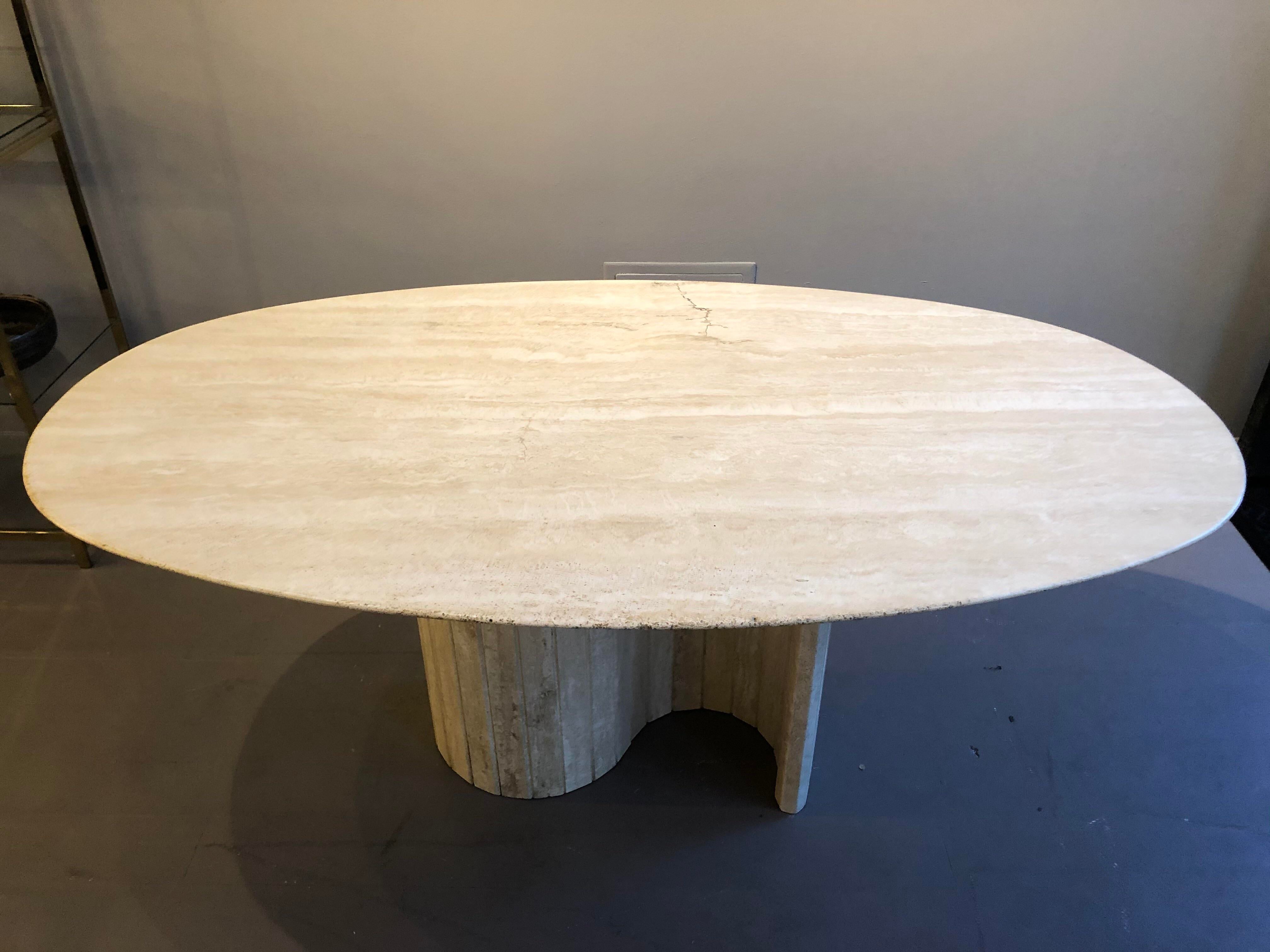 1980s Postmodern Serpentine Channeled Base Oval Travertine Dining Table