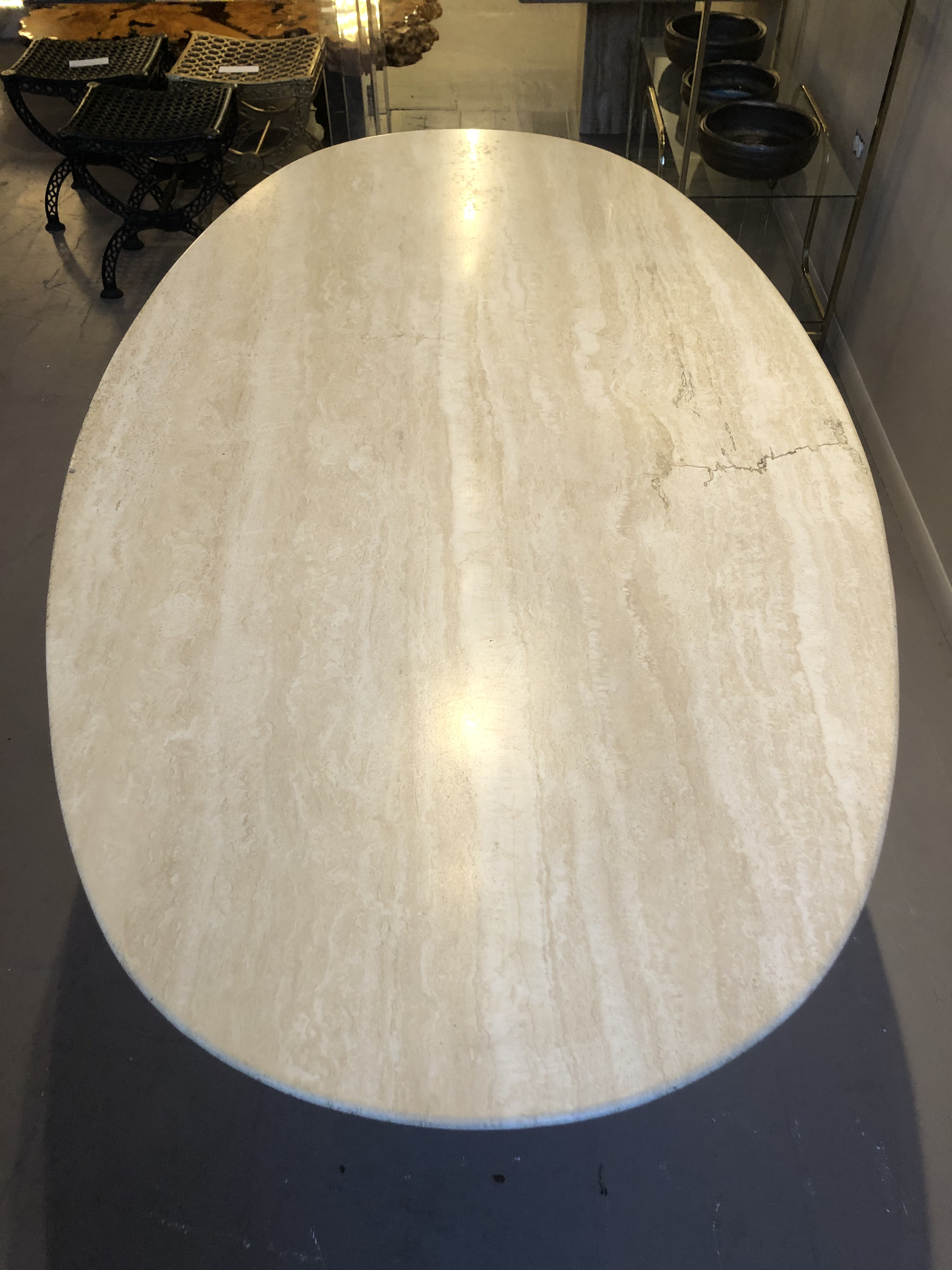 1980s Postmodern Serpentine Channeled Base Oval Travertine Dining Table