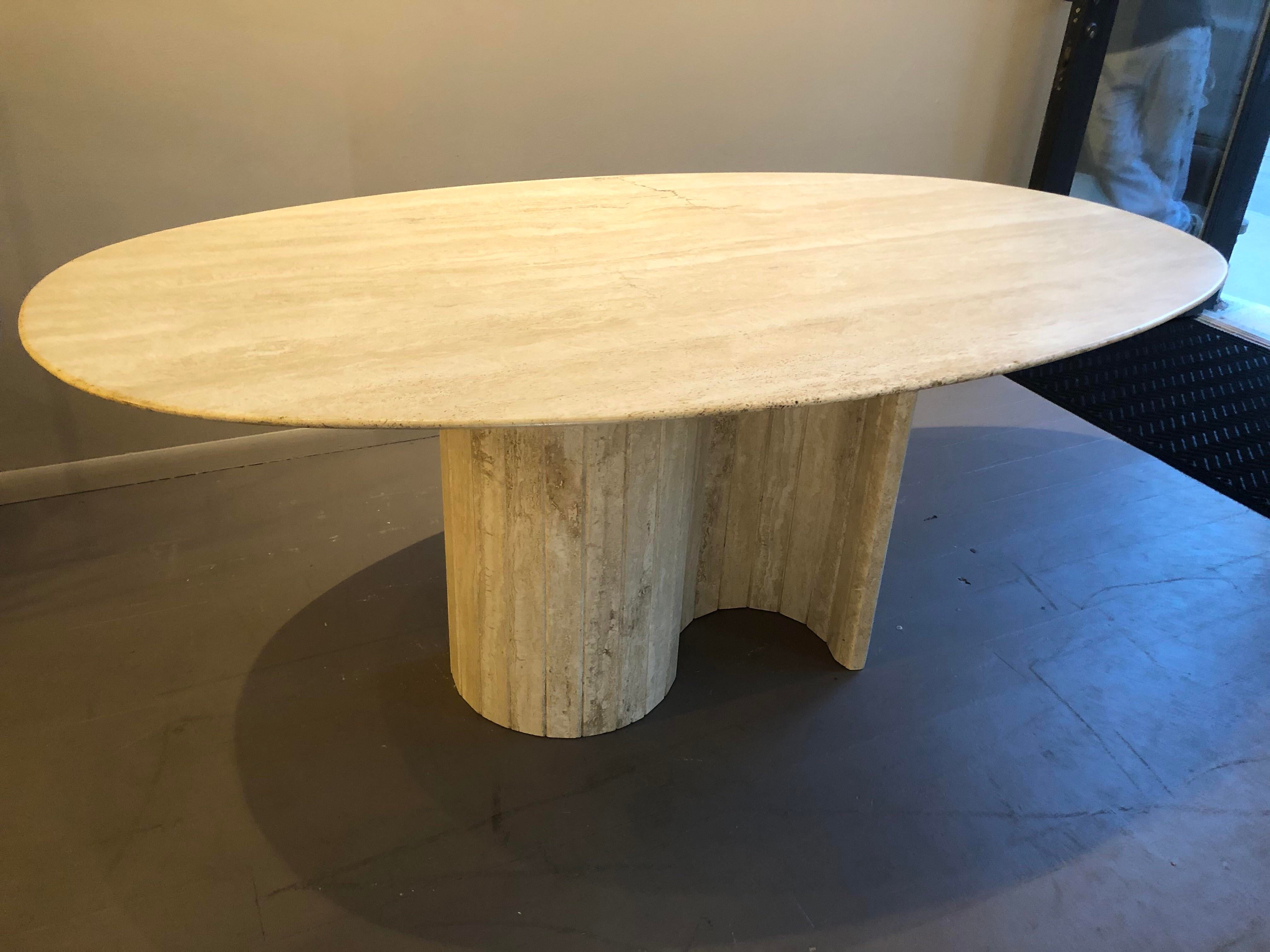 1980s Postmodern Serpentine Channeled Base Oval Travertine Dining Table