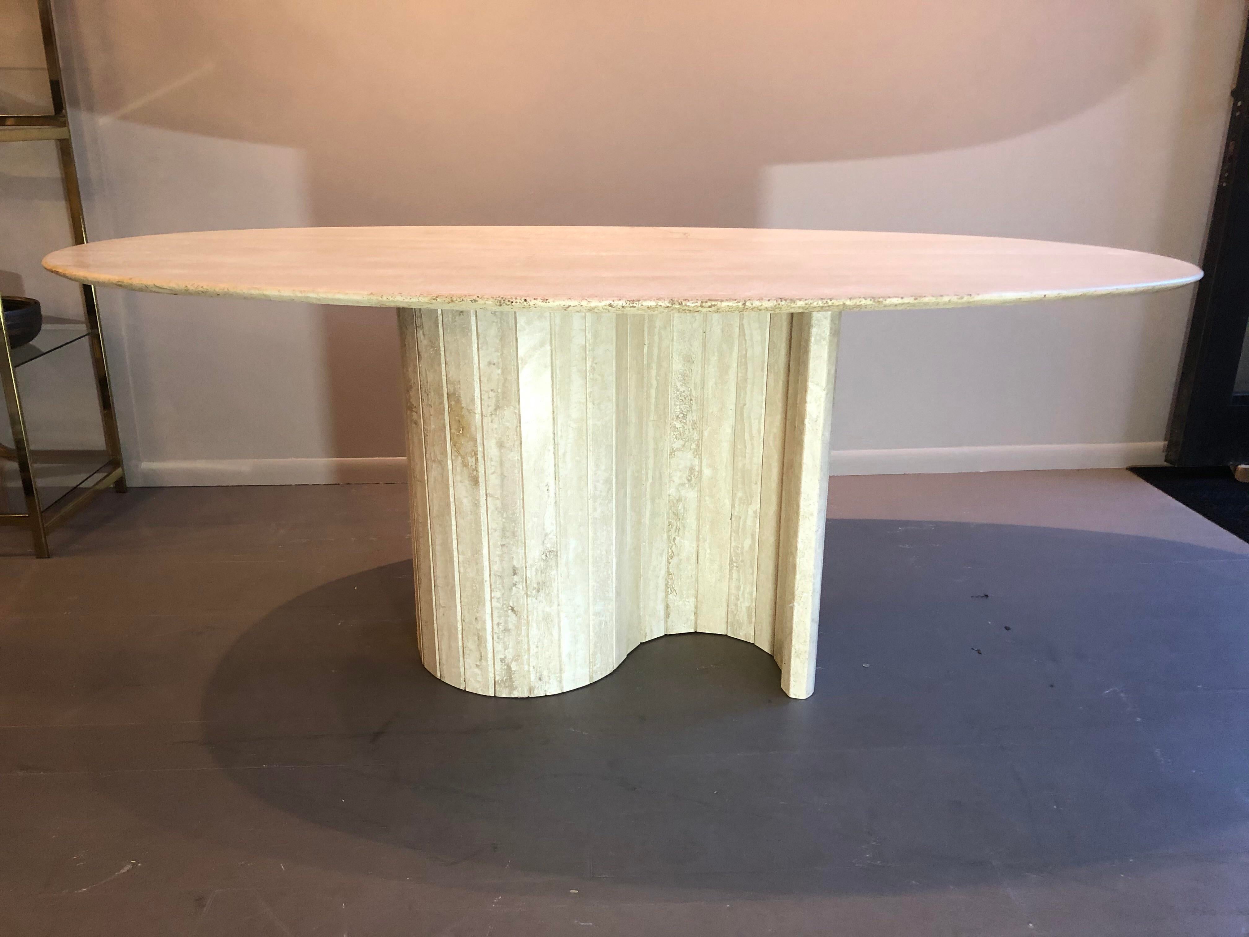 1980s Postmodern Serpentine Channeled Base Oval Travertine Dining Table