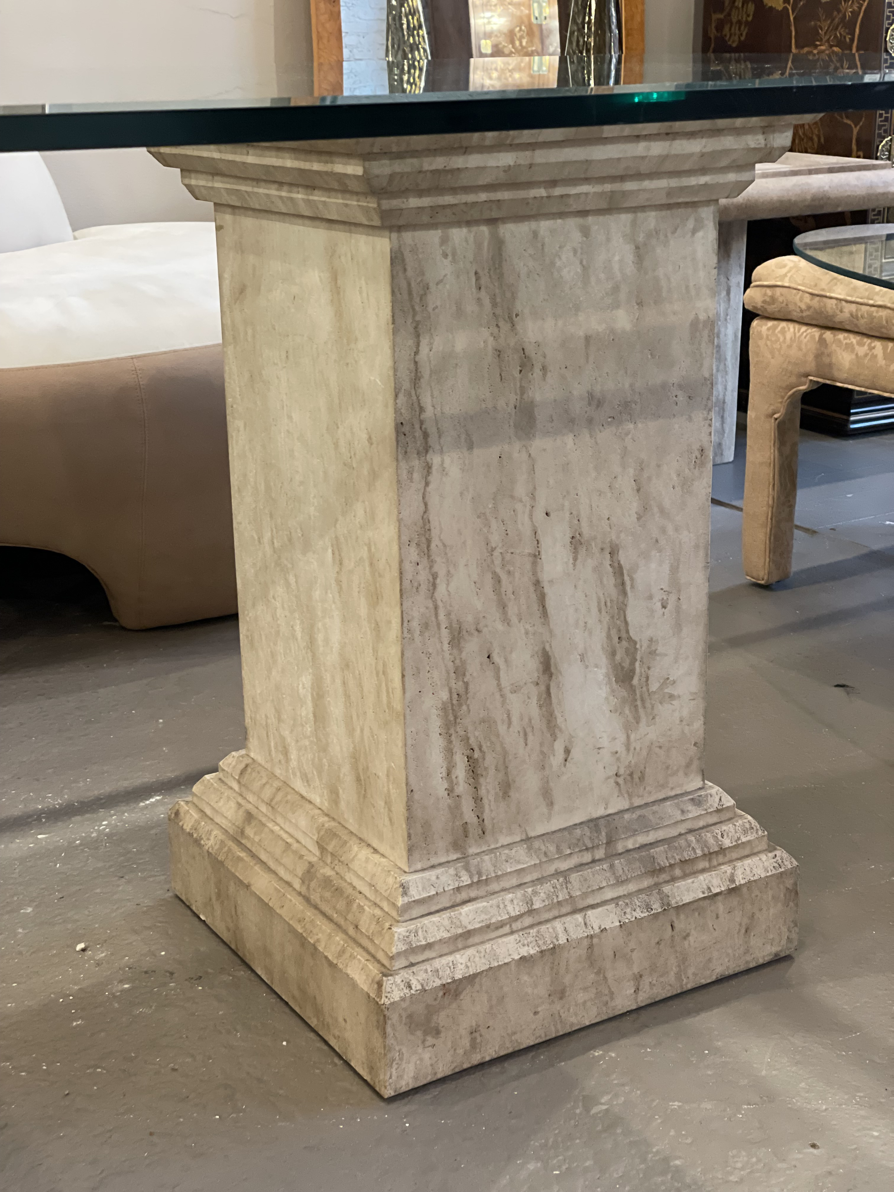 1980s Postmodern Travertine Pedestal Glass Dining Table