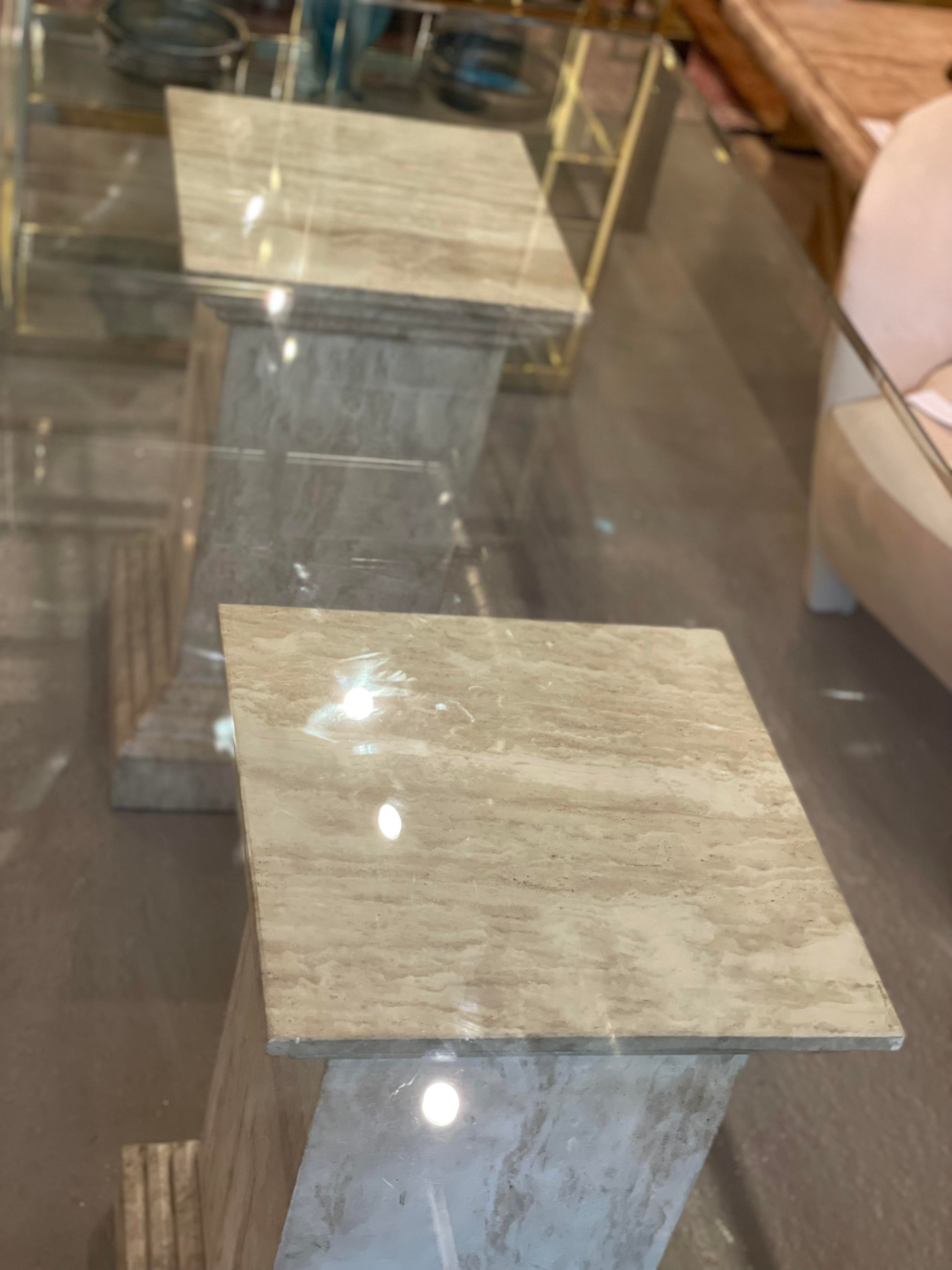 1980s Postmodern Travertine Pedestal Glass Dining Table