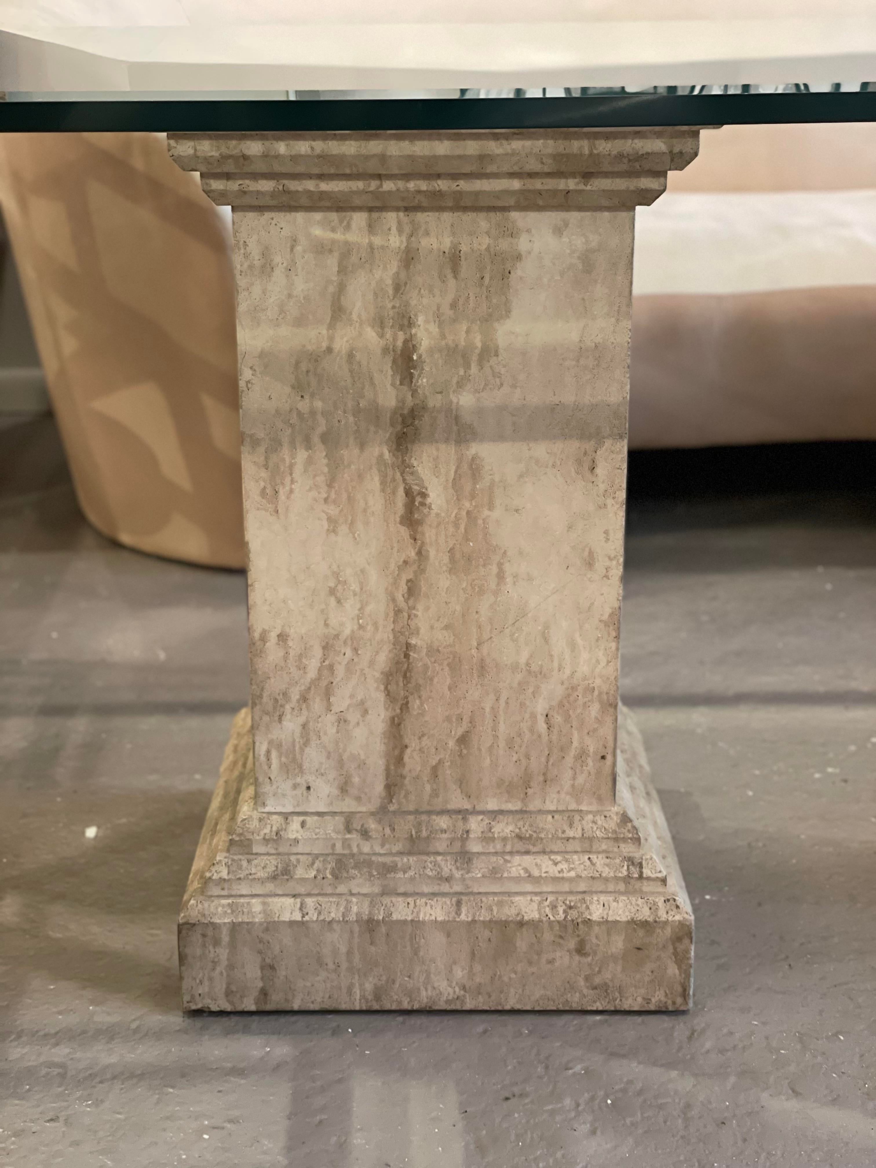 1980s Postmodern Travertine Pedestal Glass Dining Table