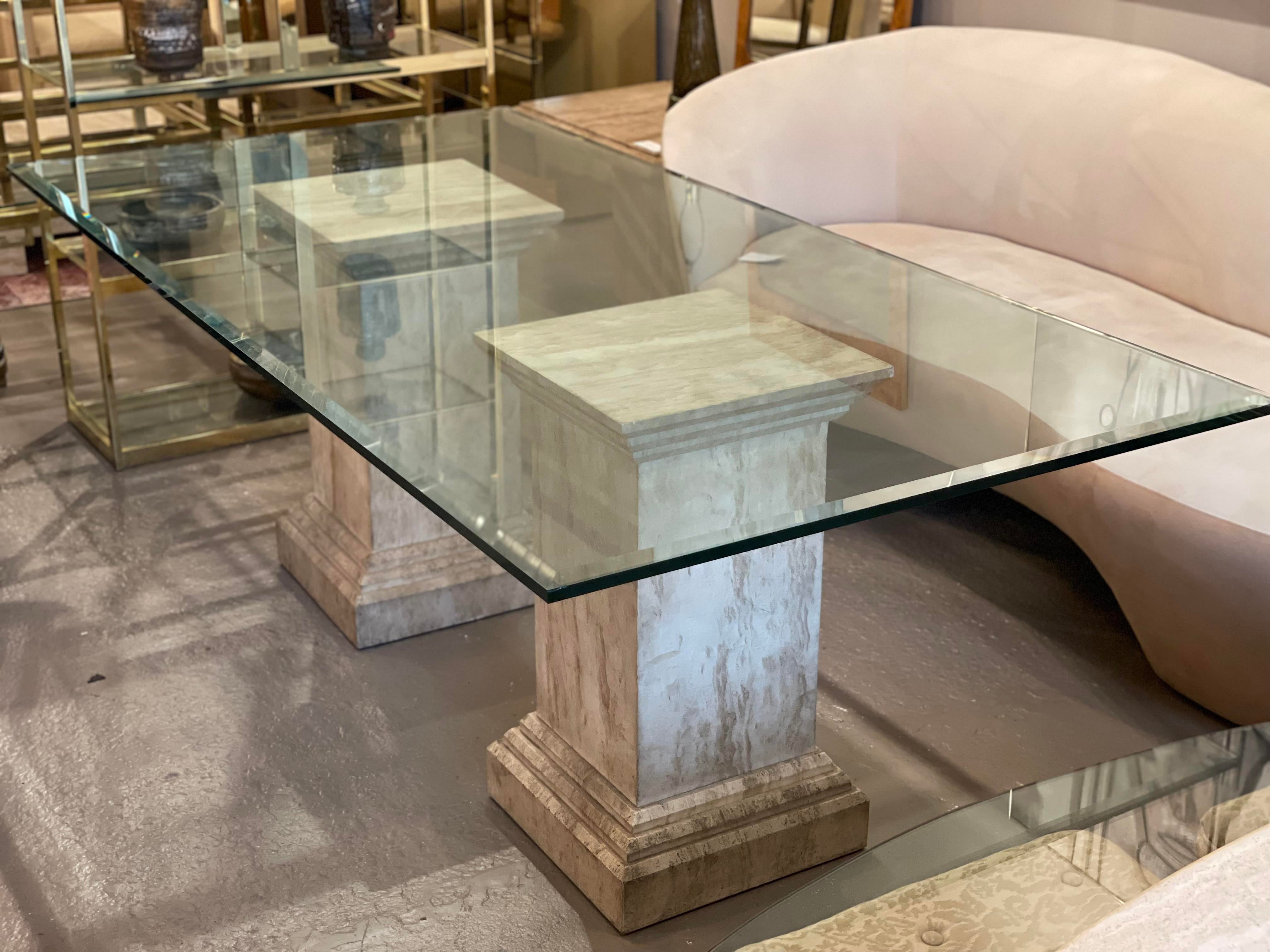 1980s Postmodern Travertine Pedestal Glass Dining Table