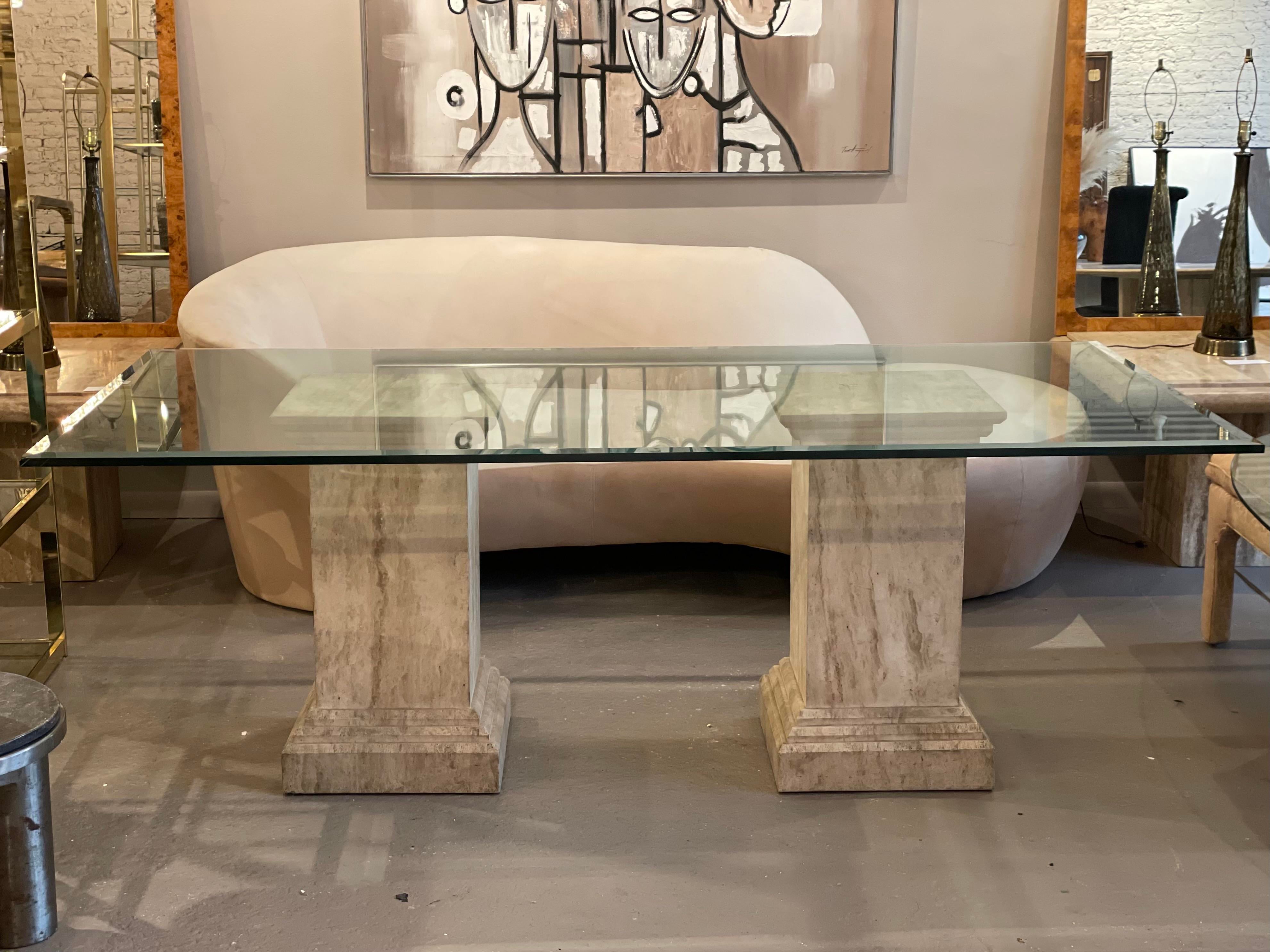 1980s Postmodern Travertine Pedestal Glass Dining Table