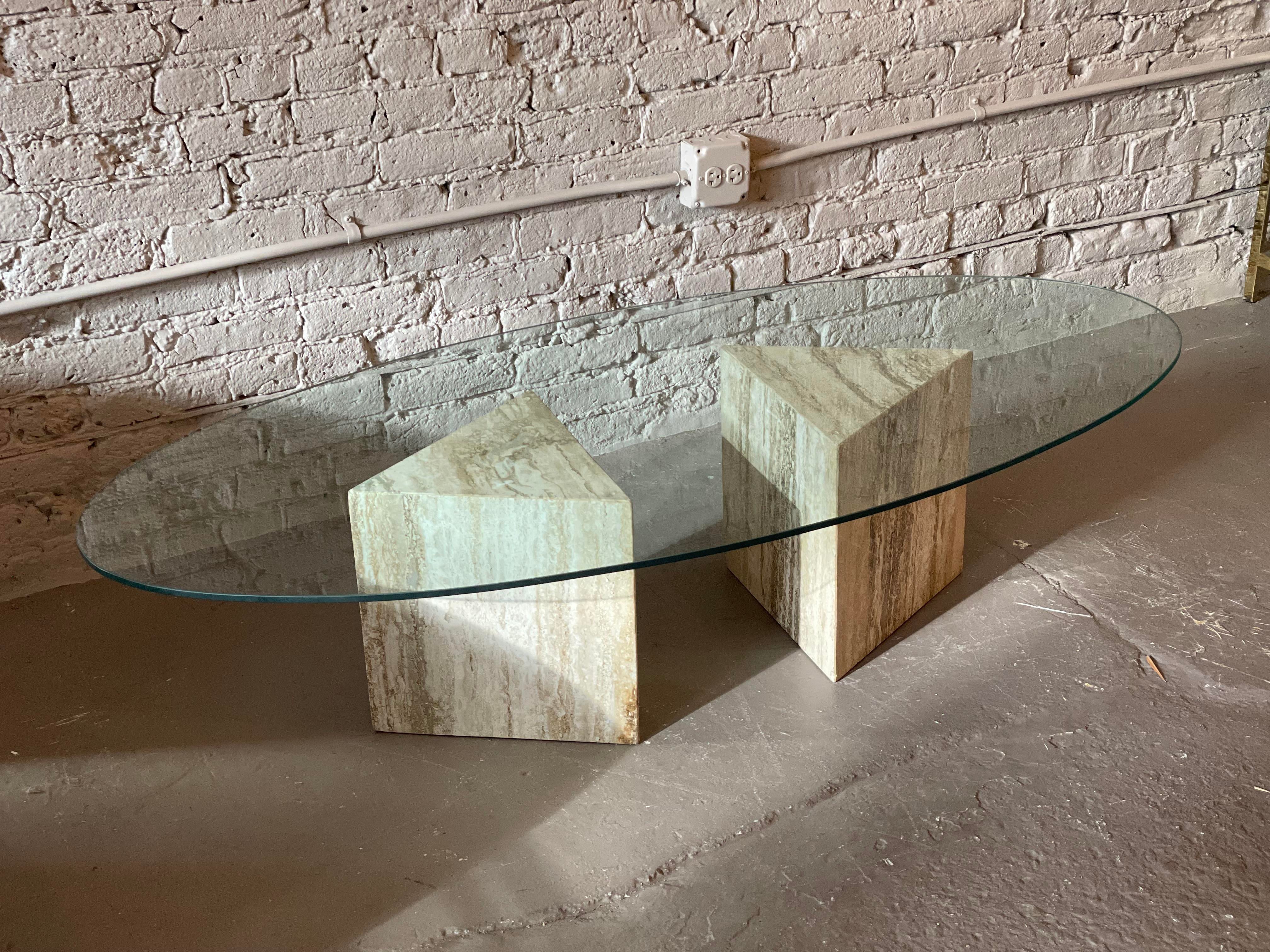 1980s Postmodern Triangle Base Travertine Coffee Table