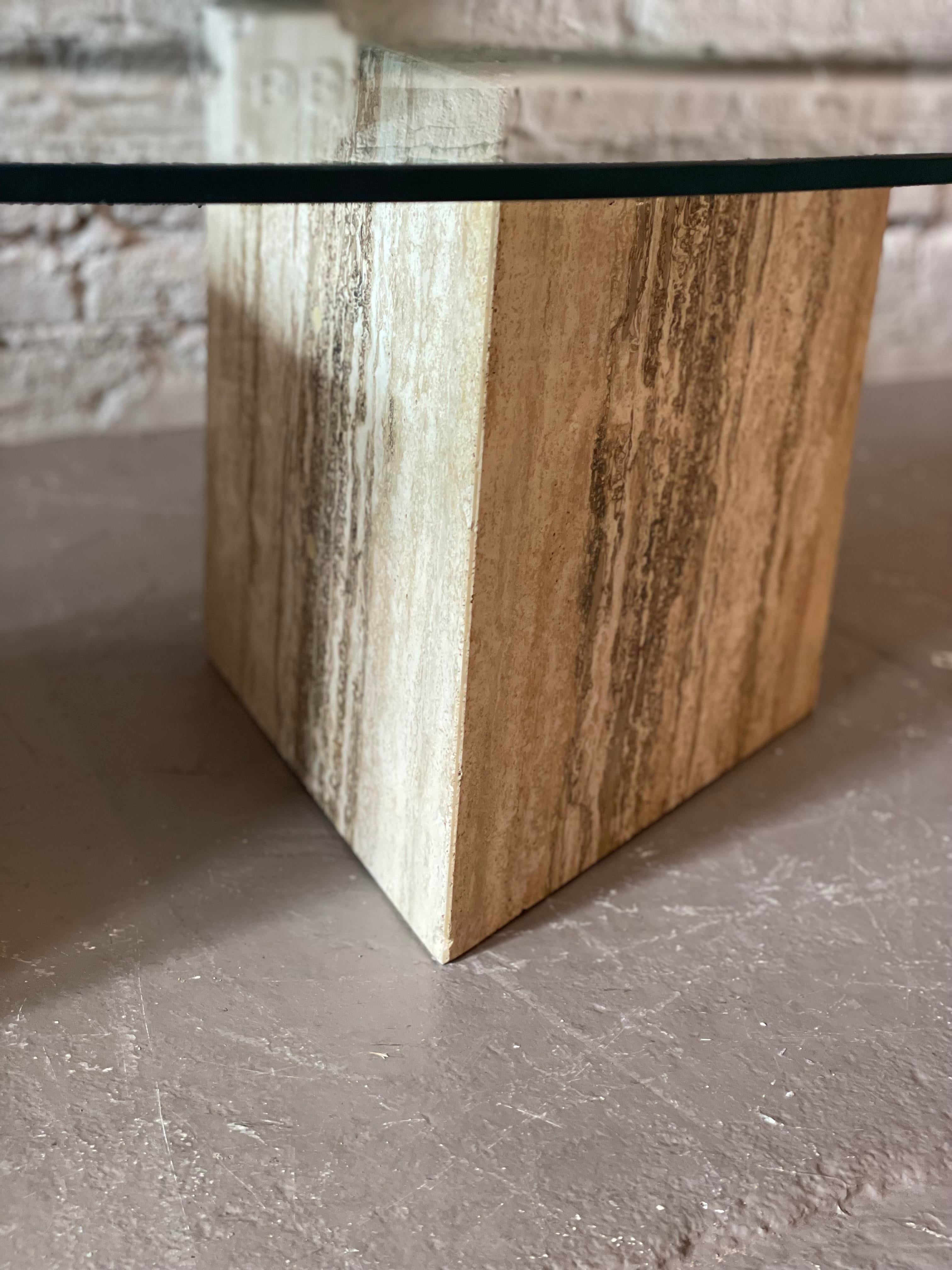 1980s Postmodern Triangle Base Travertine Coffee Table