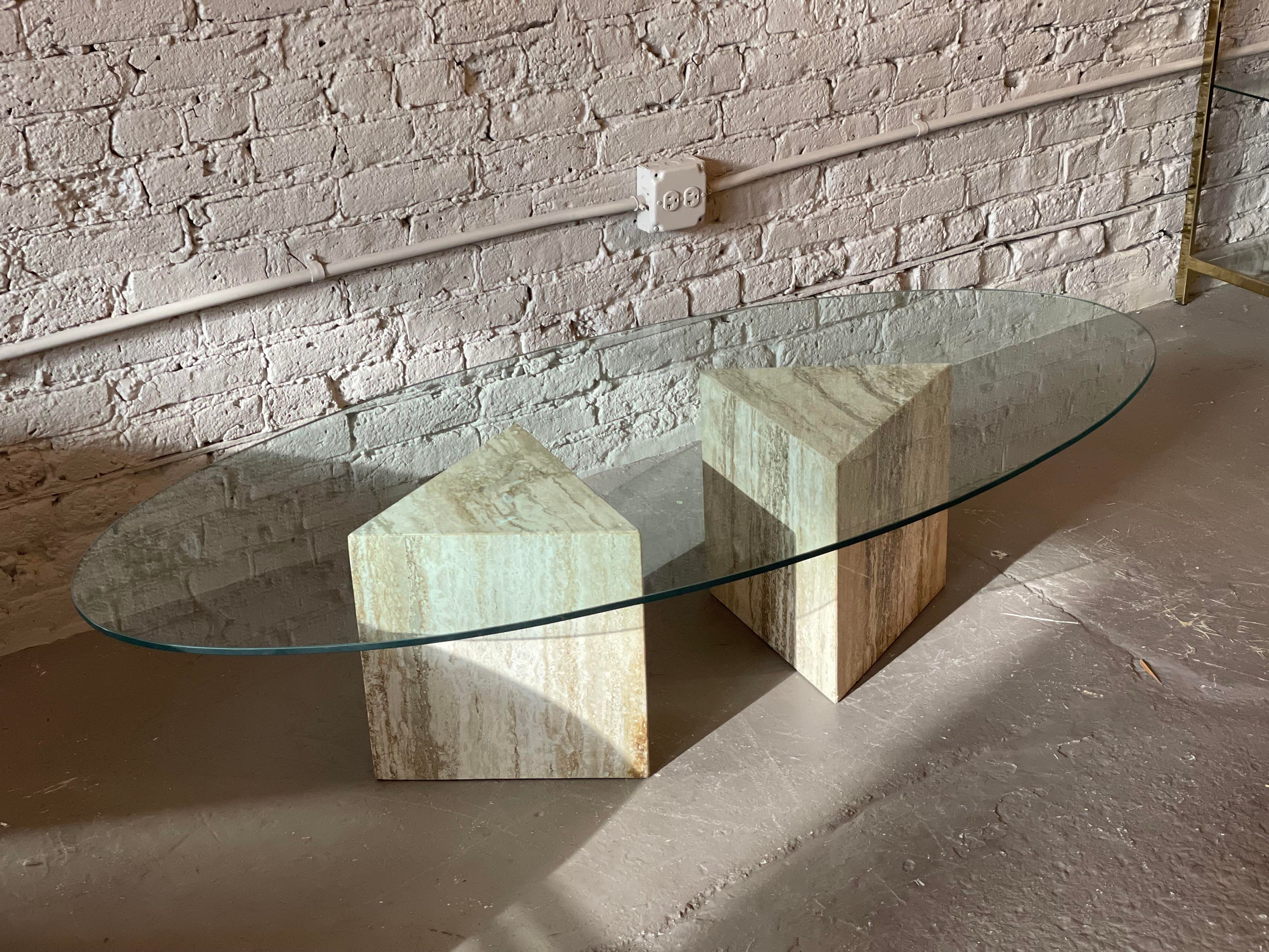 1980s Postmodern Triangle Base Travertine Coffee Table