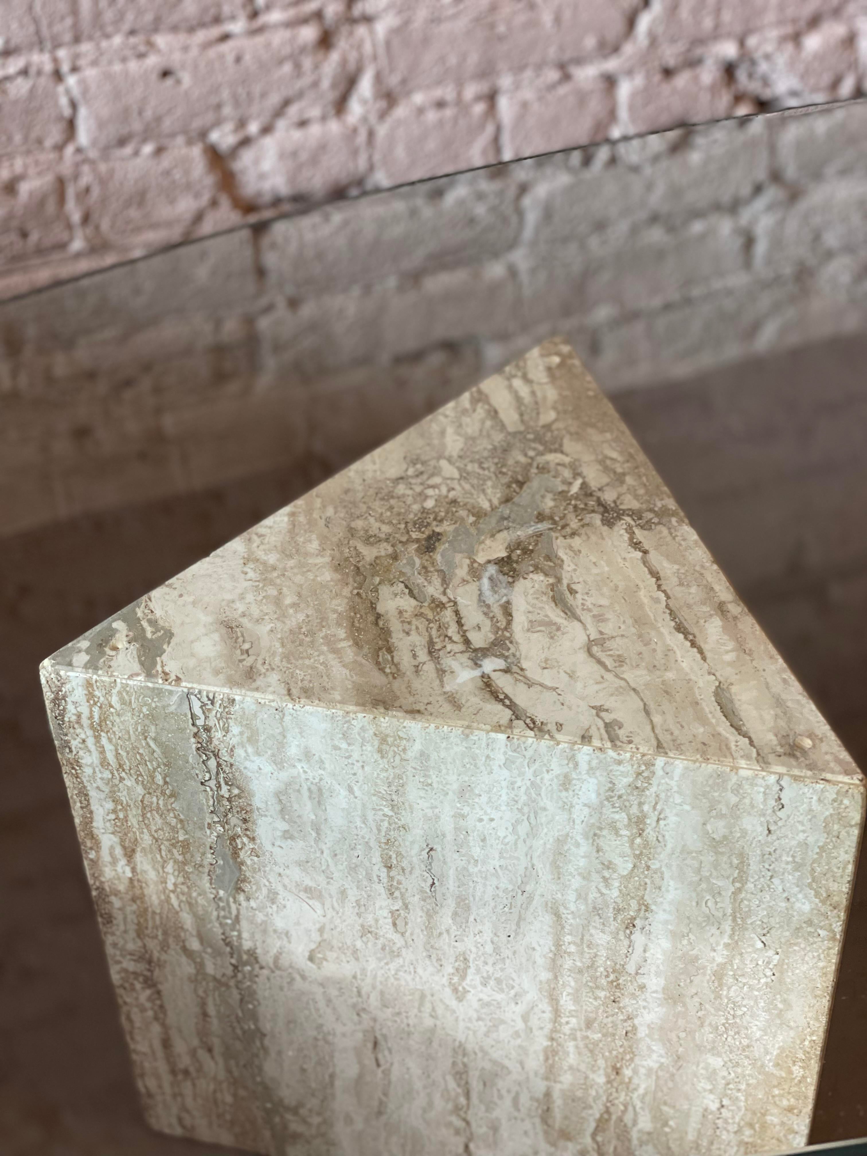 1980s Postmodern Triangle Base Travertine Coffee Table