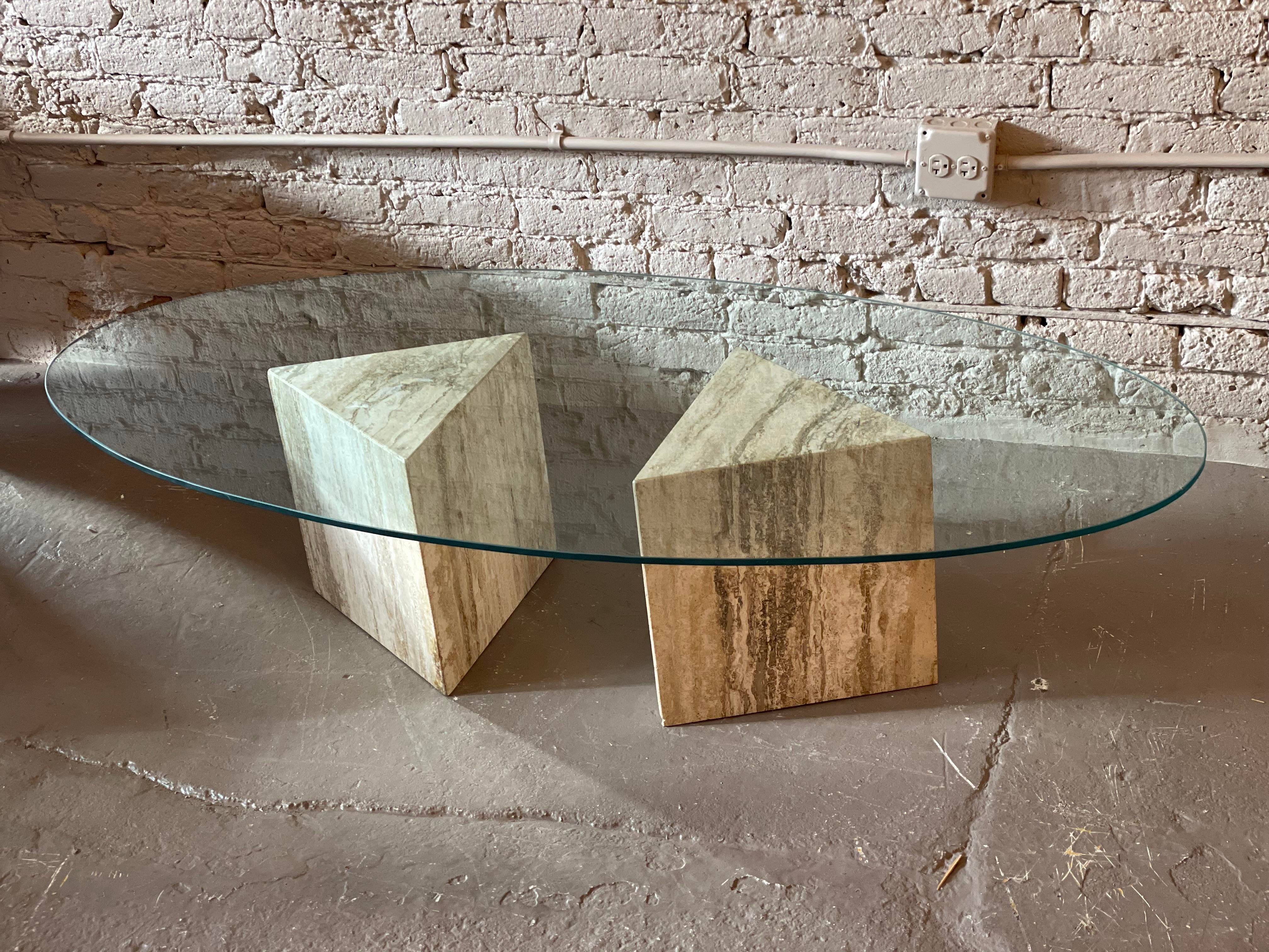 1980s Postmodern Triangle Base Travertine Coffee Table