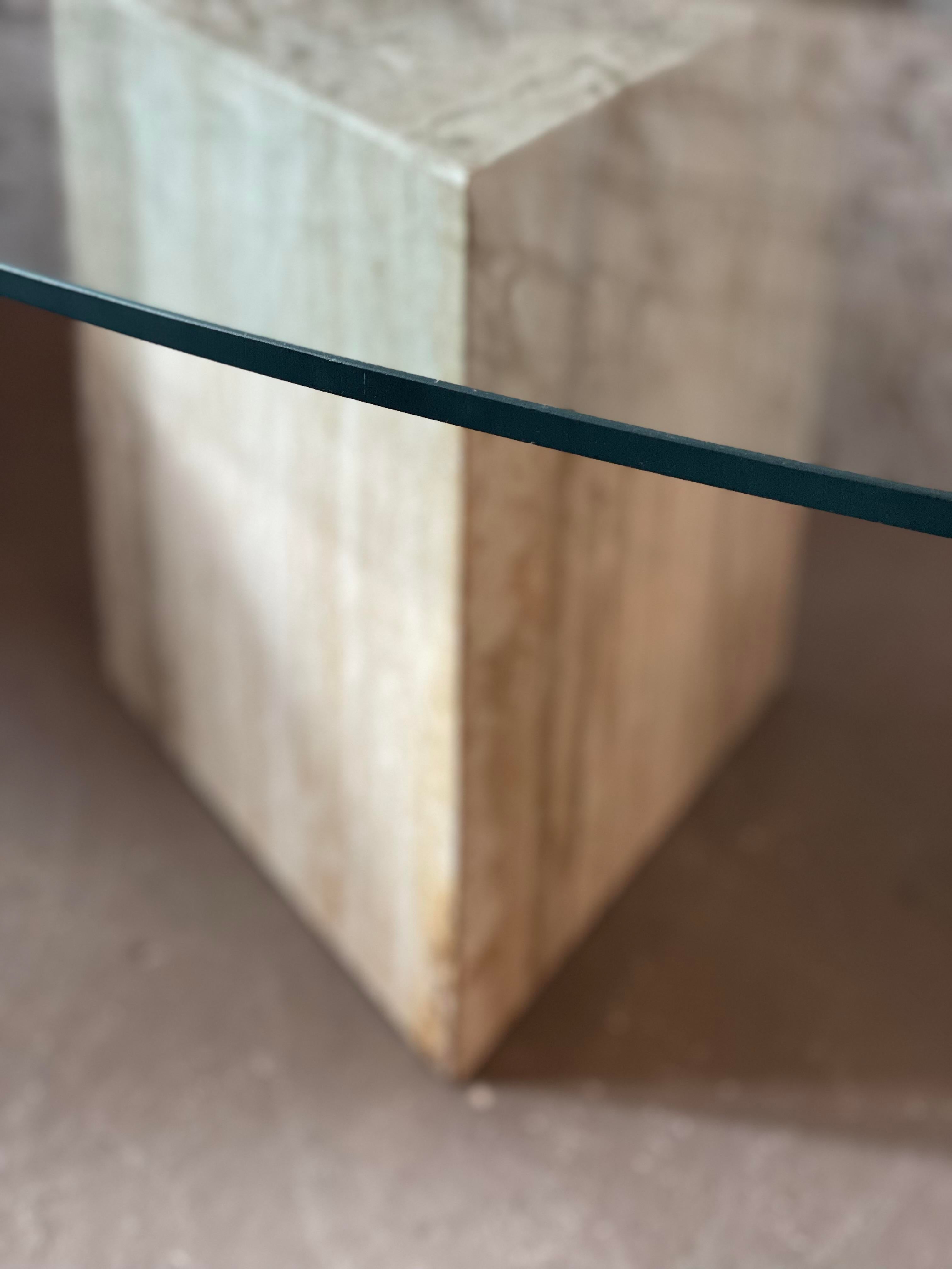 1980s Postmodern Triangle Base Travertine Coffee Table