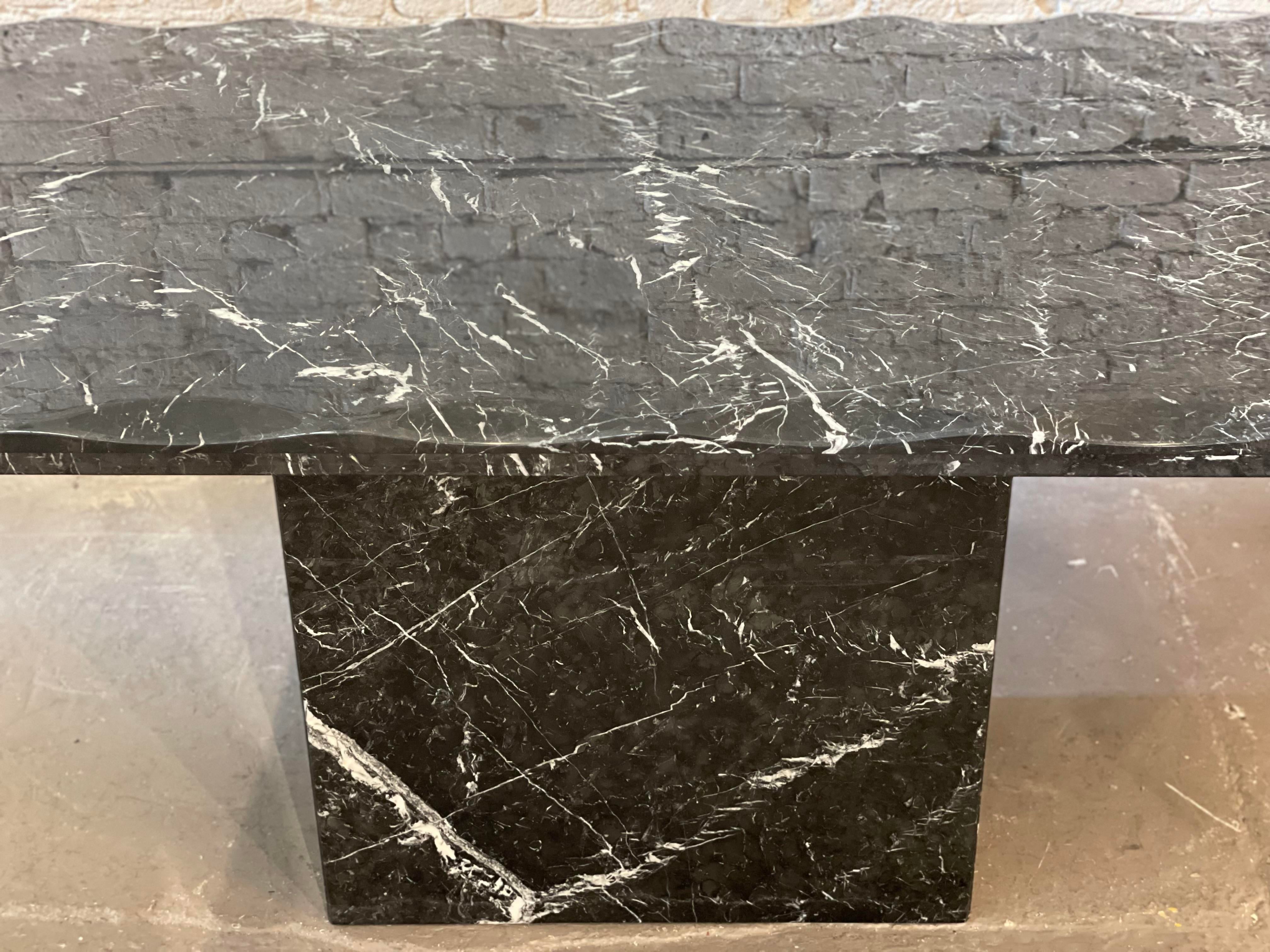 1980s Postmodern Vintage Nero Marquina Black Marble Dining Table with Scalloped Edge