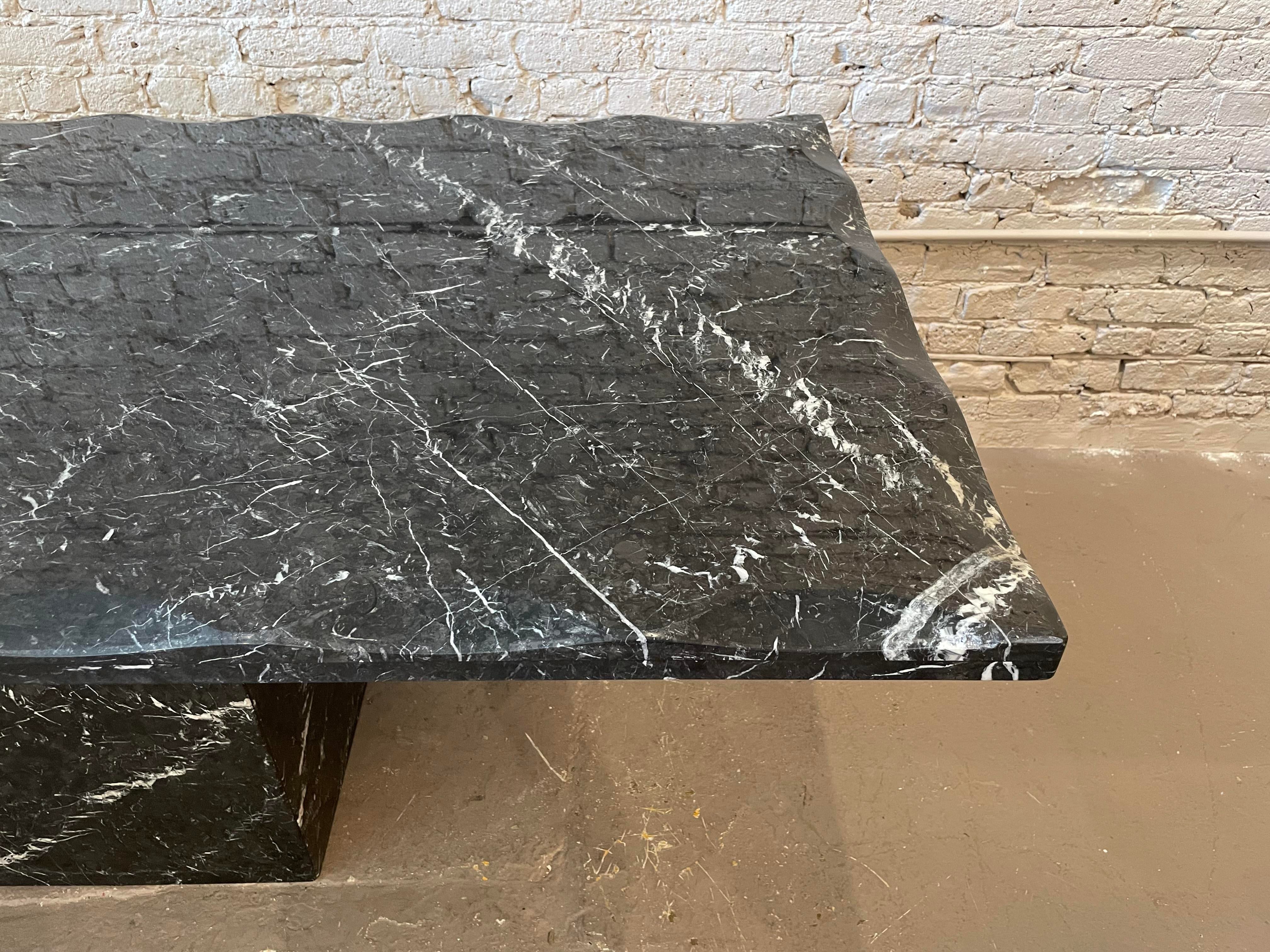 1980s Postmodern Vintage Nero Marquina Black Marble Dining Table with Scalloped Edge
