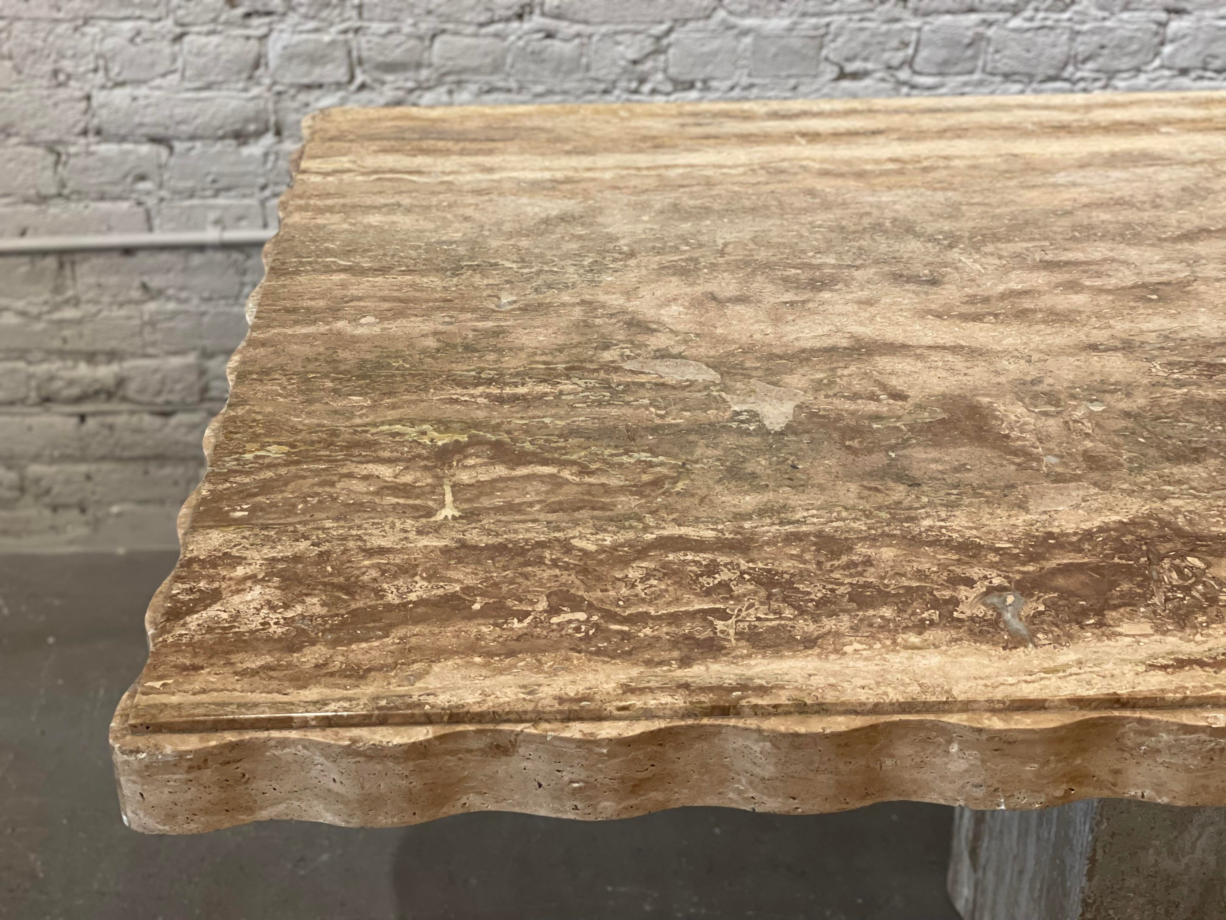 1980s Postmodern Walnut Travertine Dining Table With Scalloped Edge
