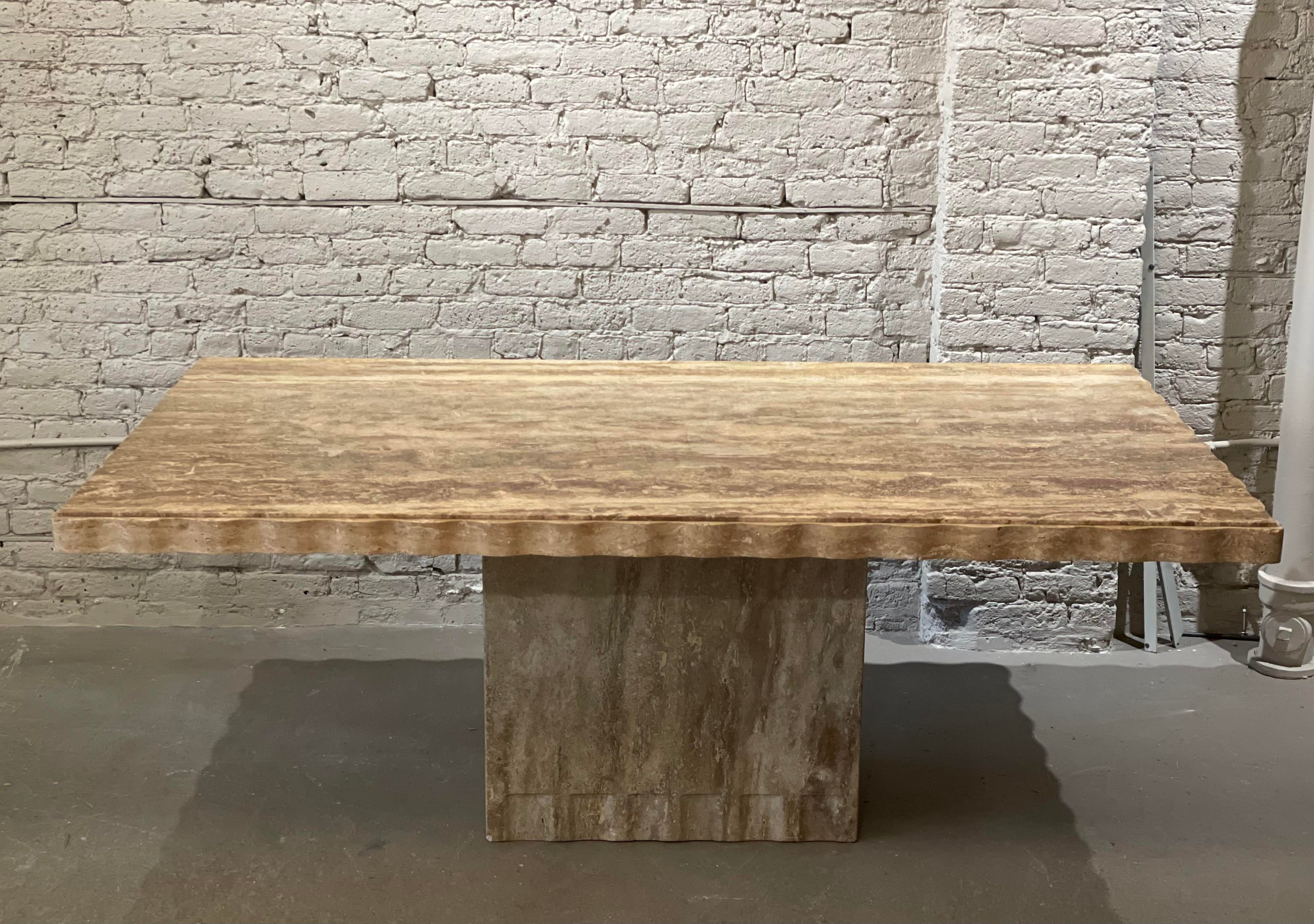 1980s Postmodern Walnut Travertine Dining Table With Scalloped Edge