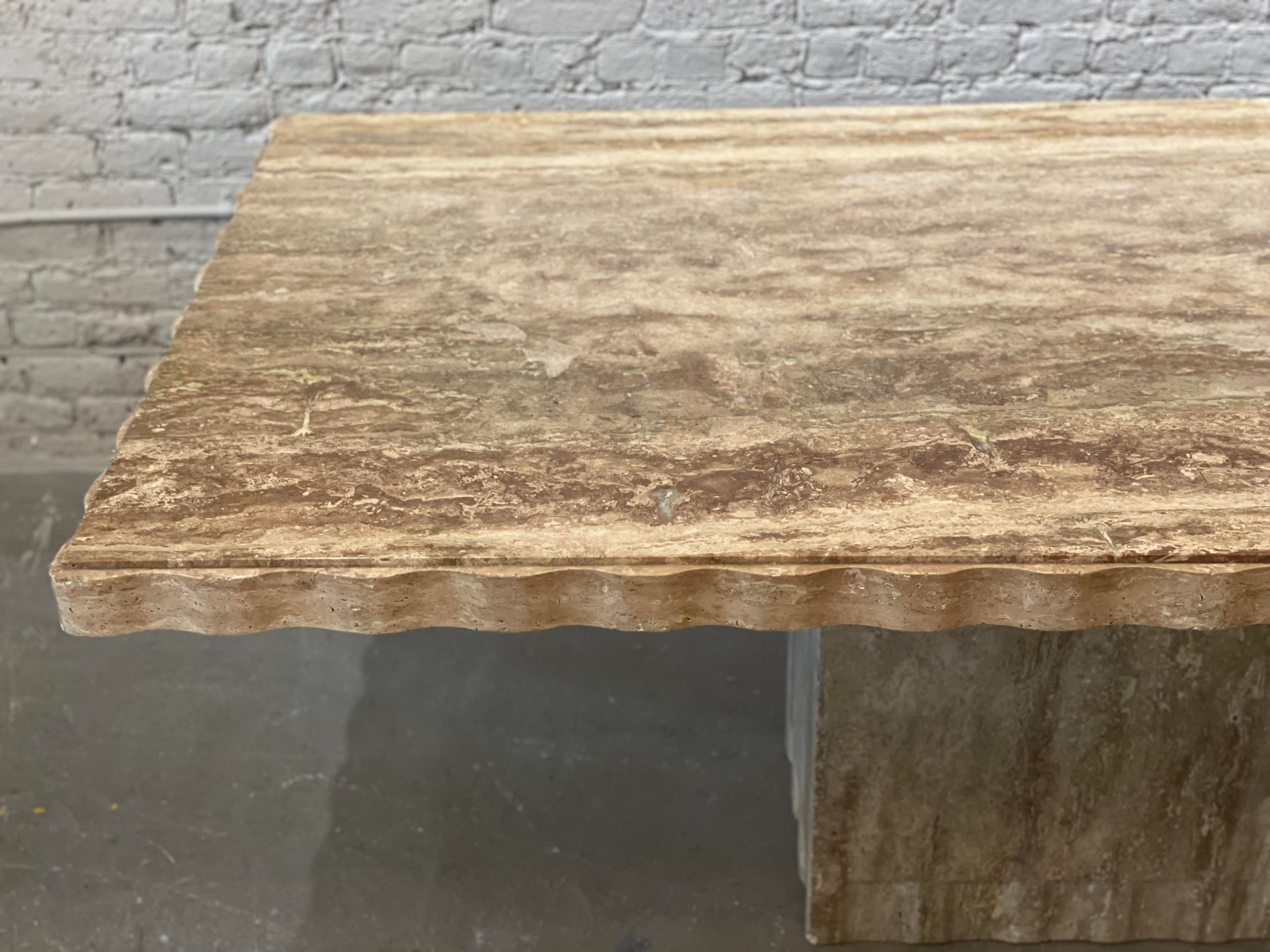 1980s Postmodern Walnut Travertine Dining Table With Scalloped Edge