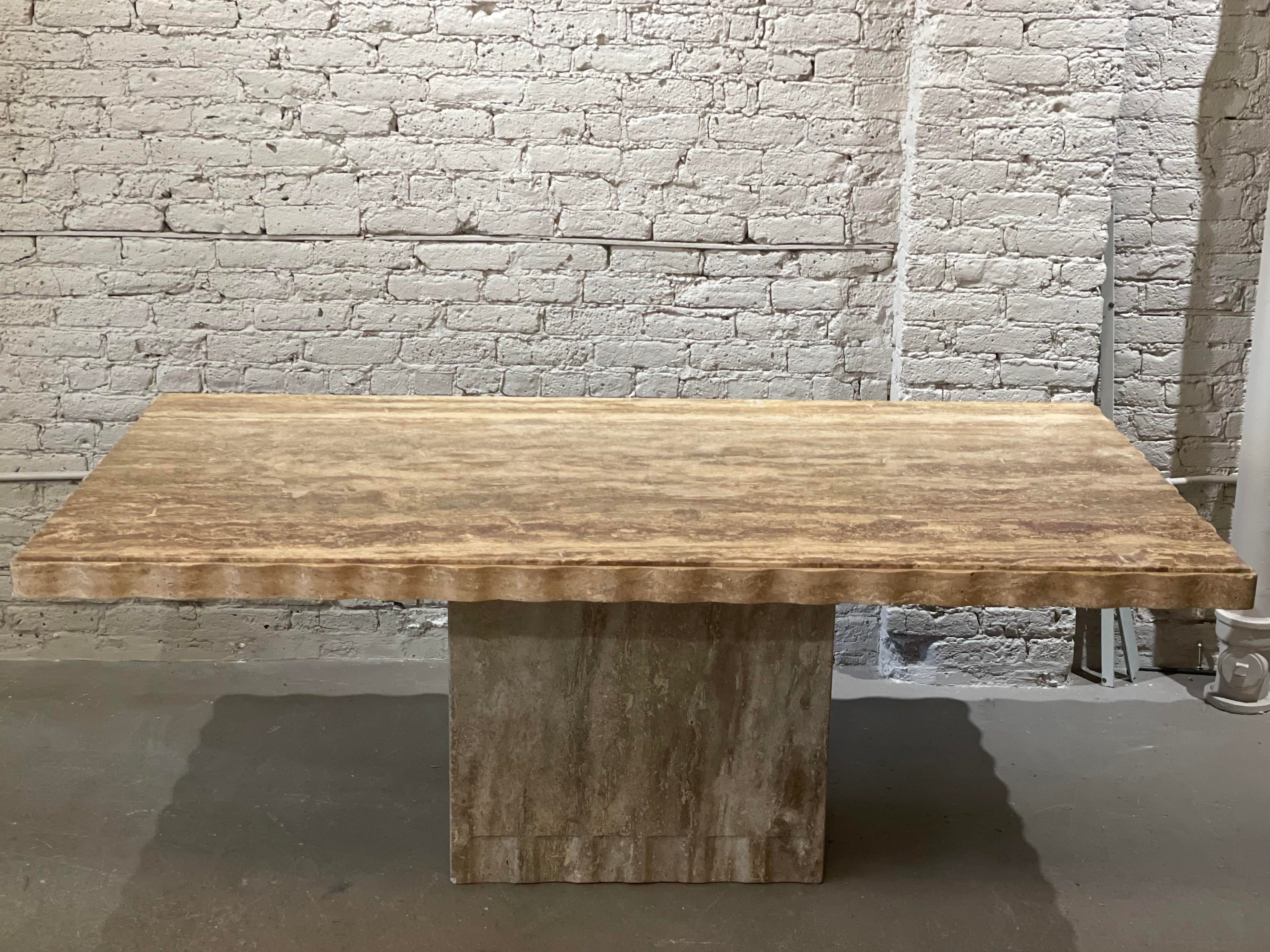 1980s Postmodern Walnut Travertine Dining Table With Scalloped Edge